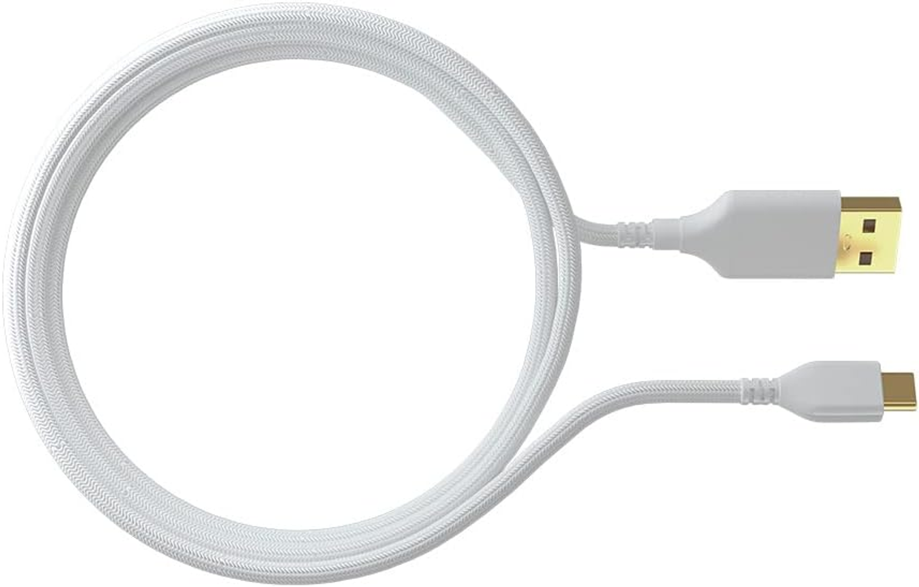 White USB cable with a USB-A and USB-C connector, laying in a circular shape on a white background.