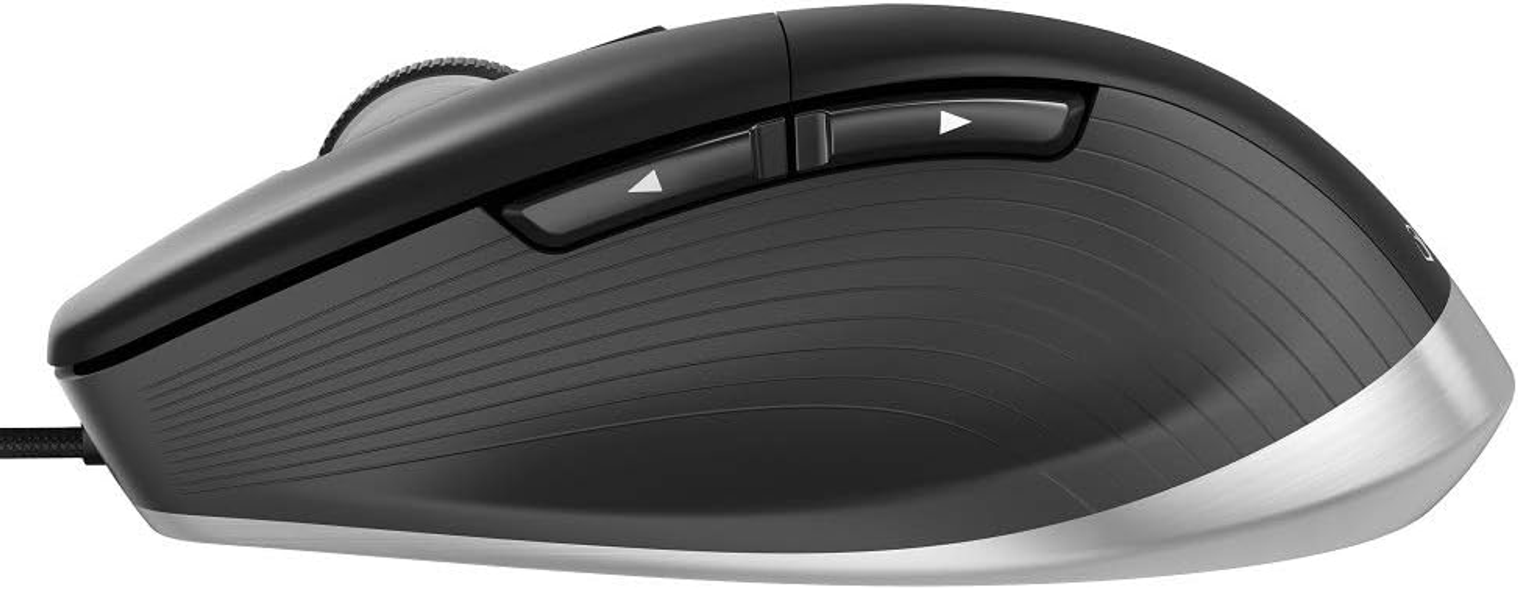 Czarna mysz komputerowa ze srebrnymi akcentami i dwoma bocznymi przyciskami.