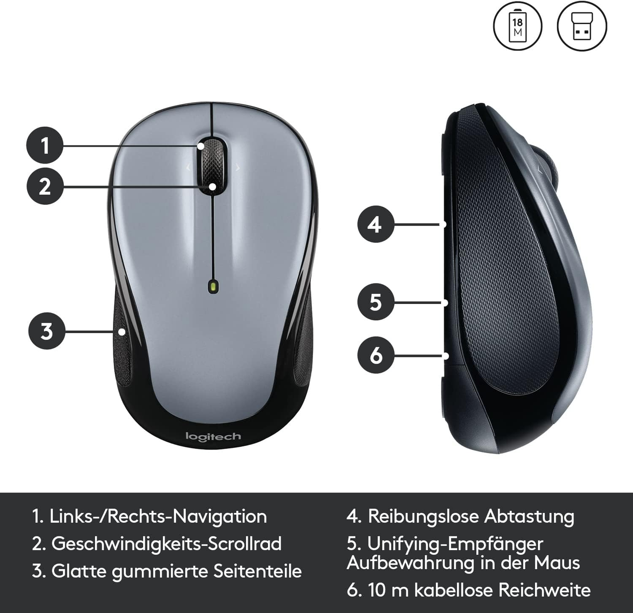 Szara mysz Logitech z numerowanymi etykietami wskazującymi na jej funkcje.