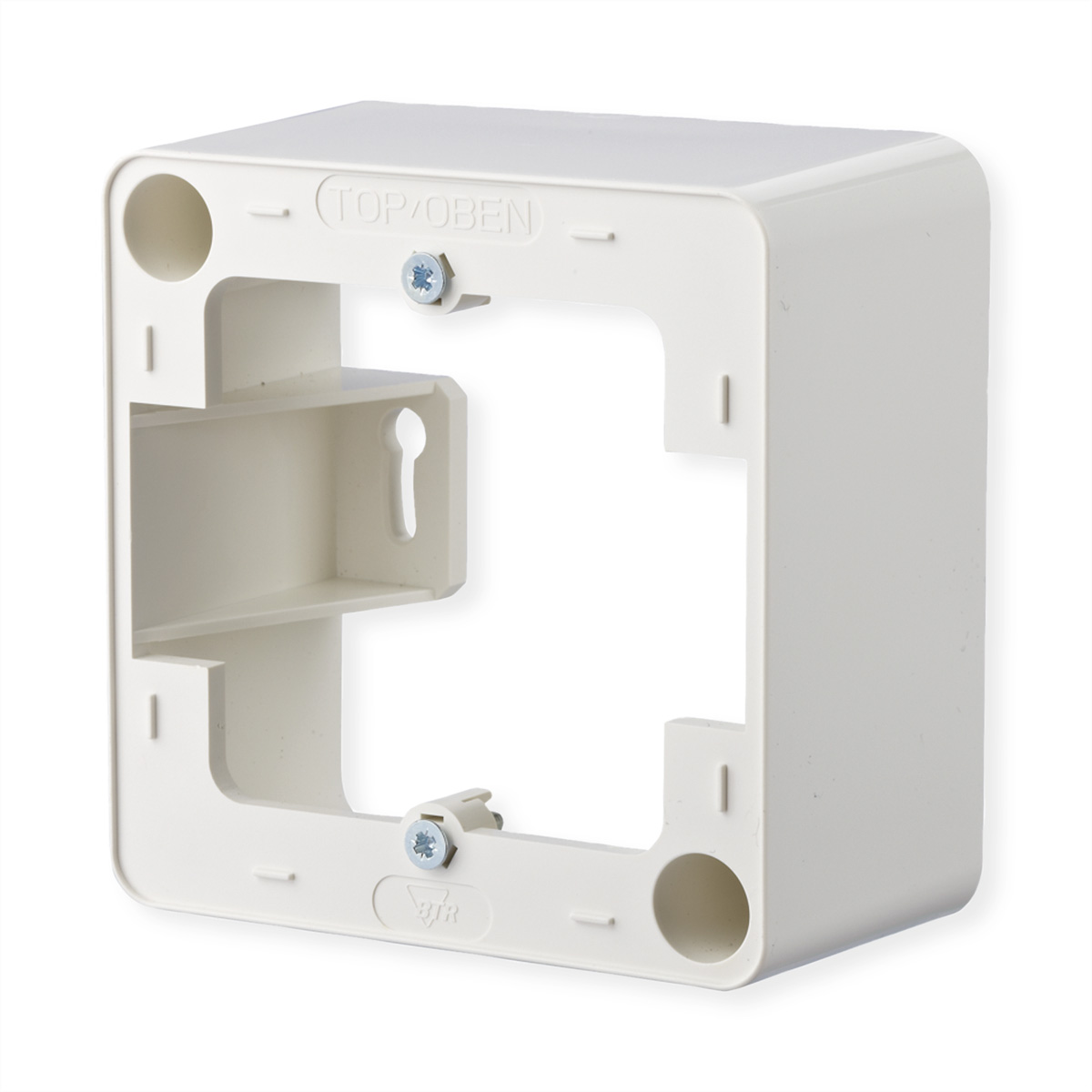 Witte kunststof elektrische doos. Rechthoekig, met openingen en schroefgaten. Top/Open label.
