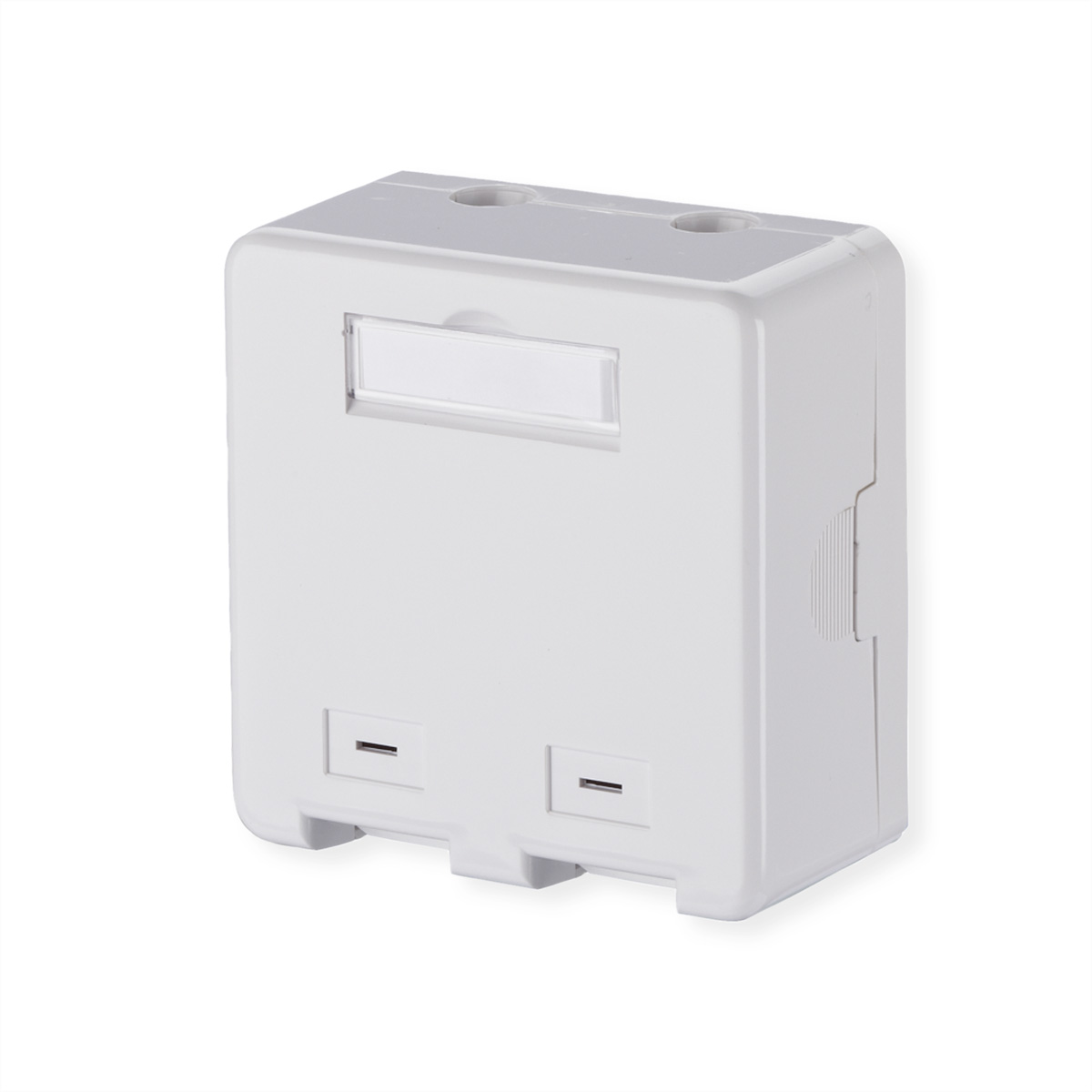Witte elektrische contactdoos. Twee stopcontacten en een leeg labelgebied. Witte achtergrond.