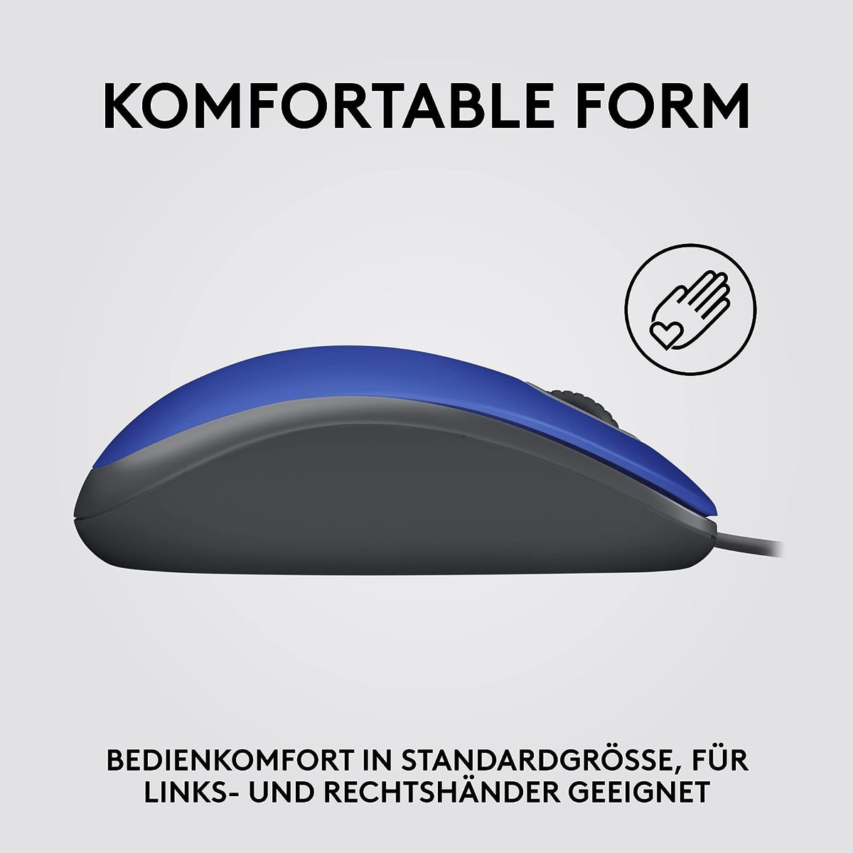 Eine blaue und graue Computermaus mit dem Text „komfortable Form“ auf weißem Hintergrund.