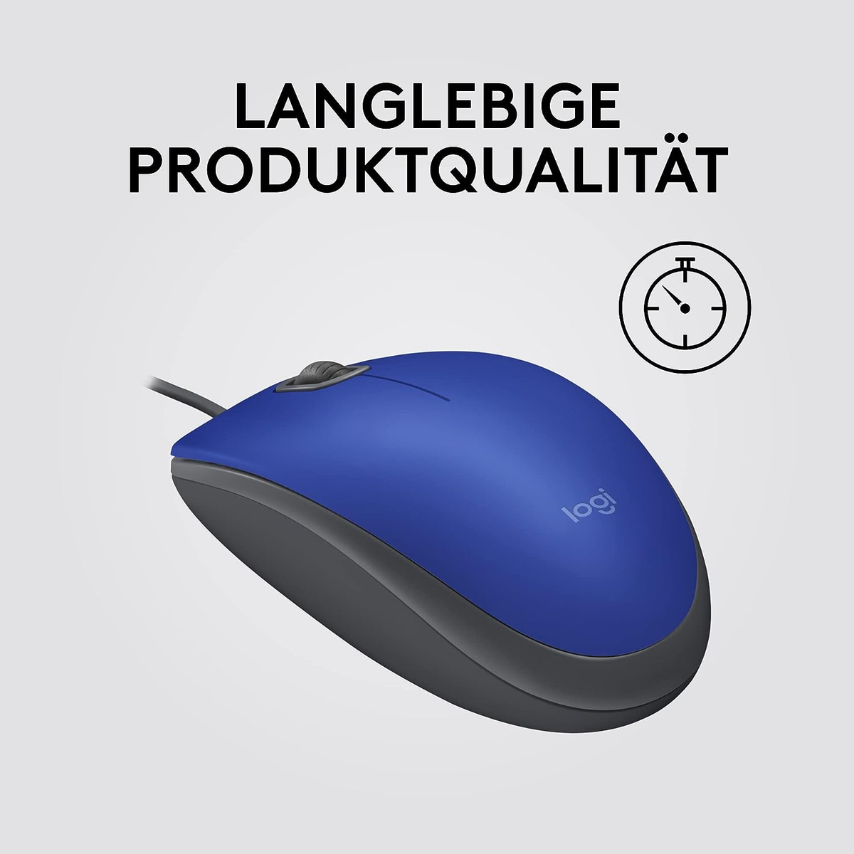 Blaue Logi-Maus mit schwarzer Basis und grauen Akzenten. Weißer Hintergrund.