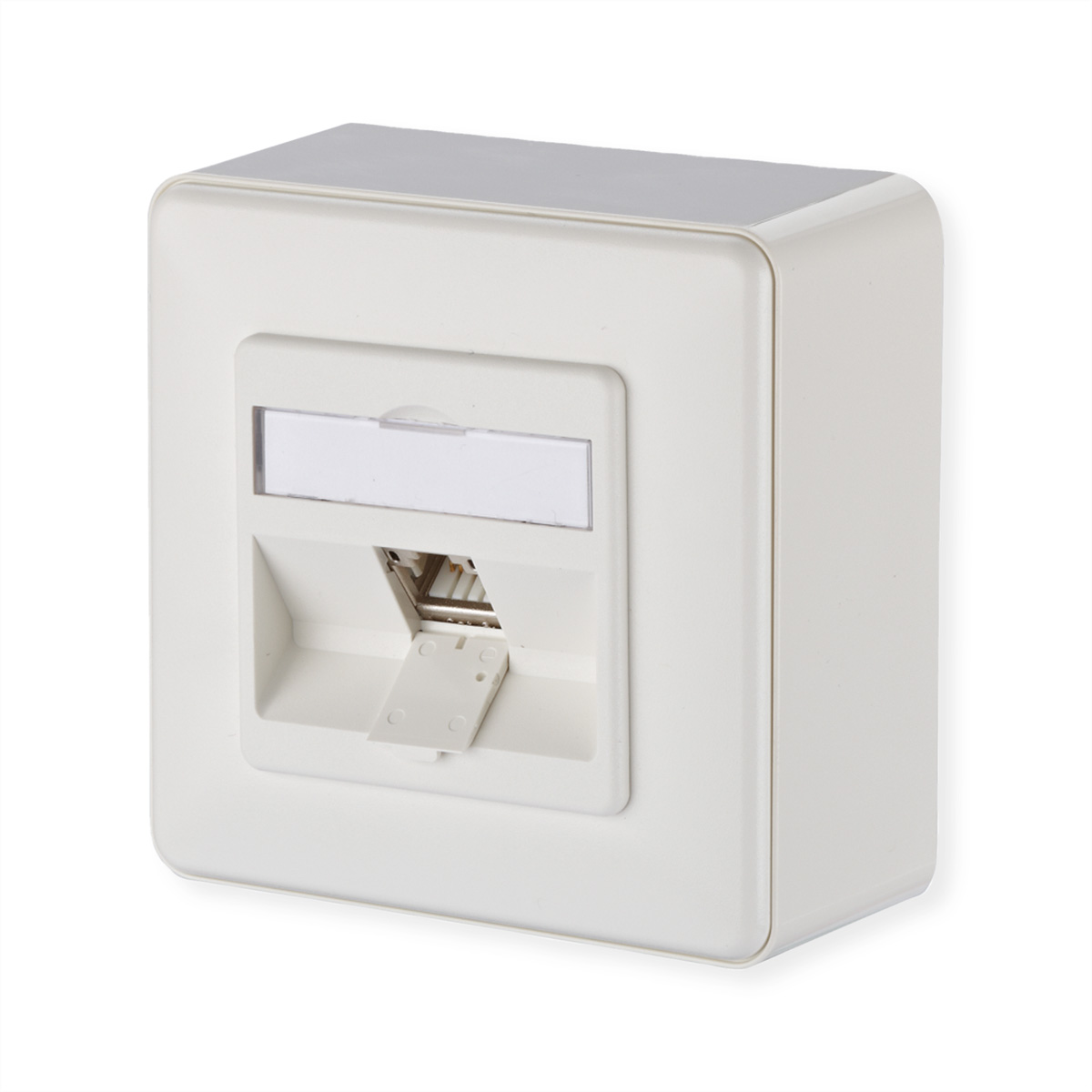 Prise murale blanche avec ouverture rectangulaire et petit cache rectangulaire.
