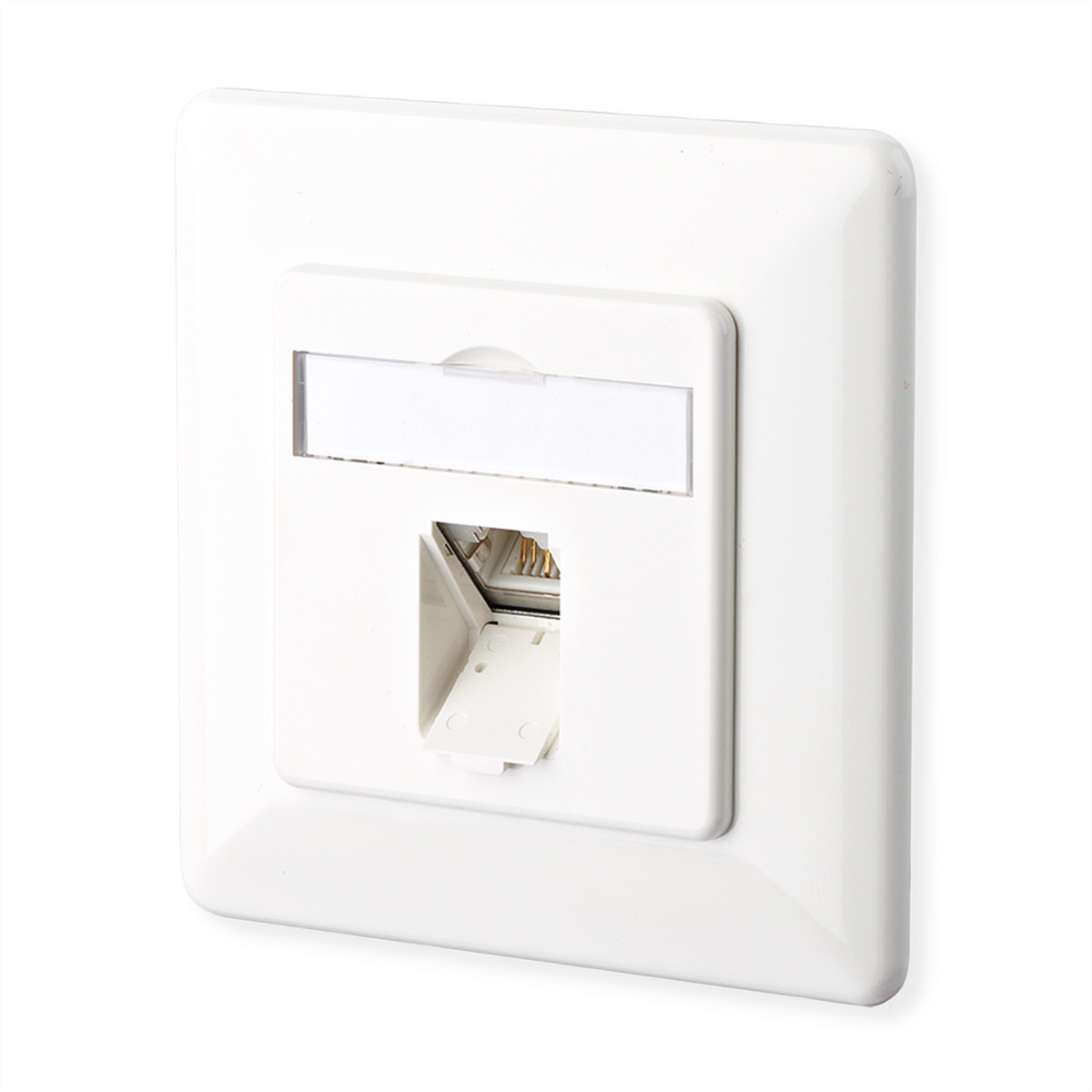 Prise murale blanche avec un insert rectangulaire blanc. Elle possède une prise téléphonique.