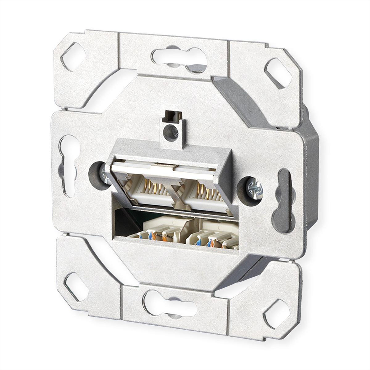 Rückseite eines Metall-Netzwerkanschlusses mit zwei RJ45-Ports, die Innenverkabelung zeigend.