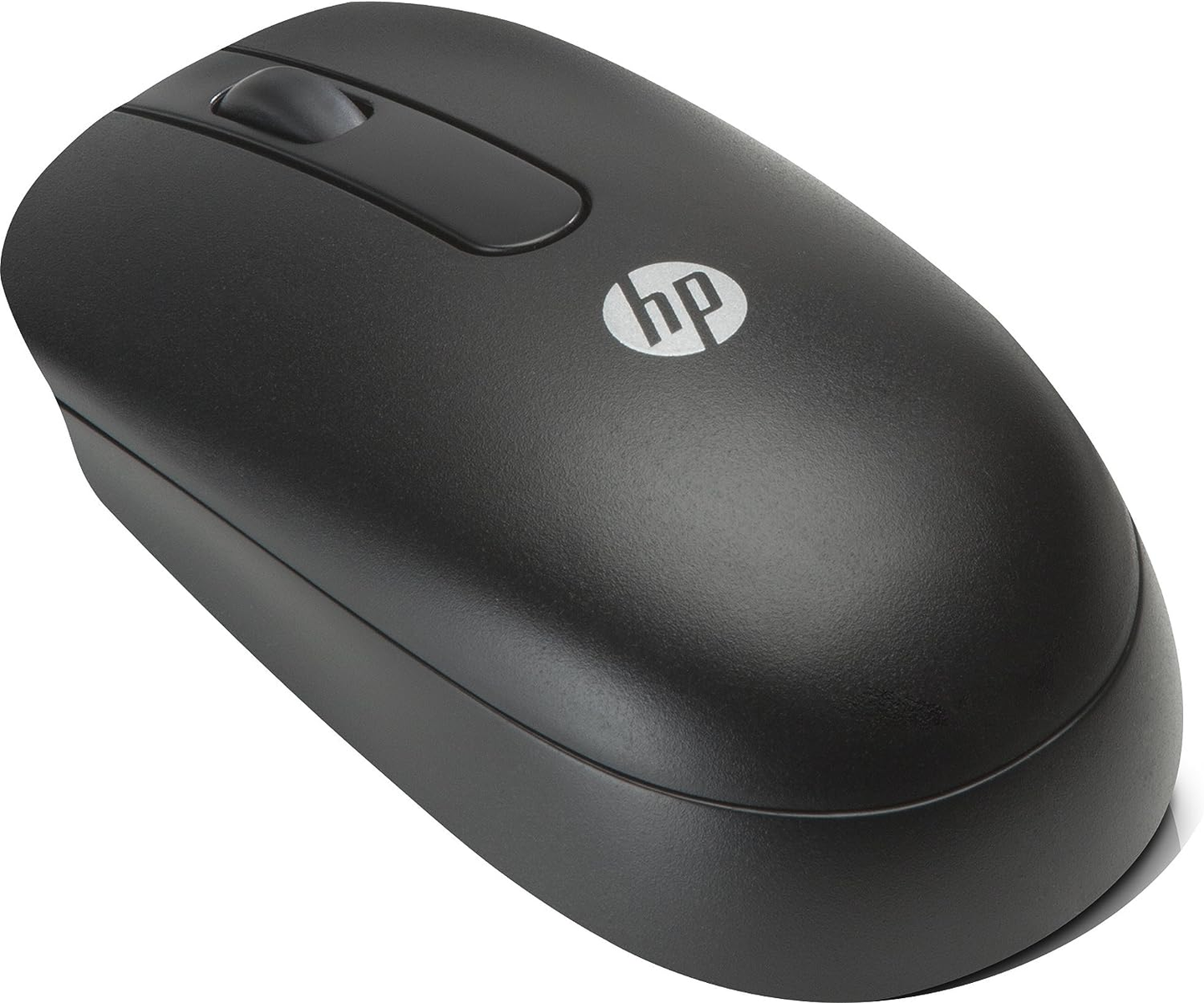 Une souris HP noire avec une molette de défilement et le logo HP, sur fond blanc.