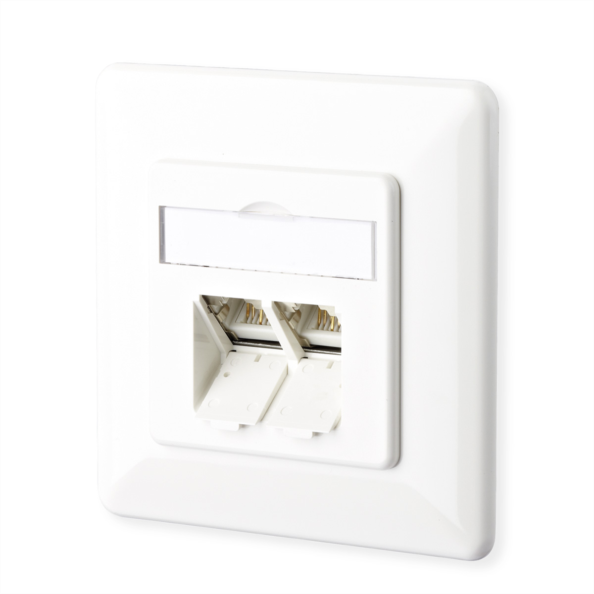 Prise électrique blanche avec deux ports RJ45, isolée sur fond blanc.