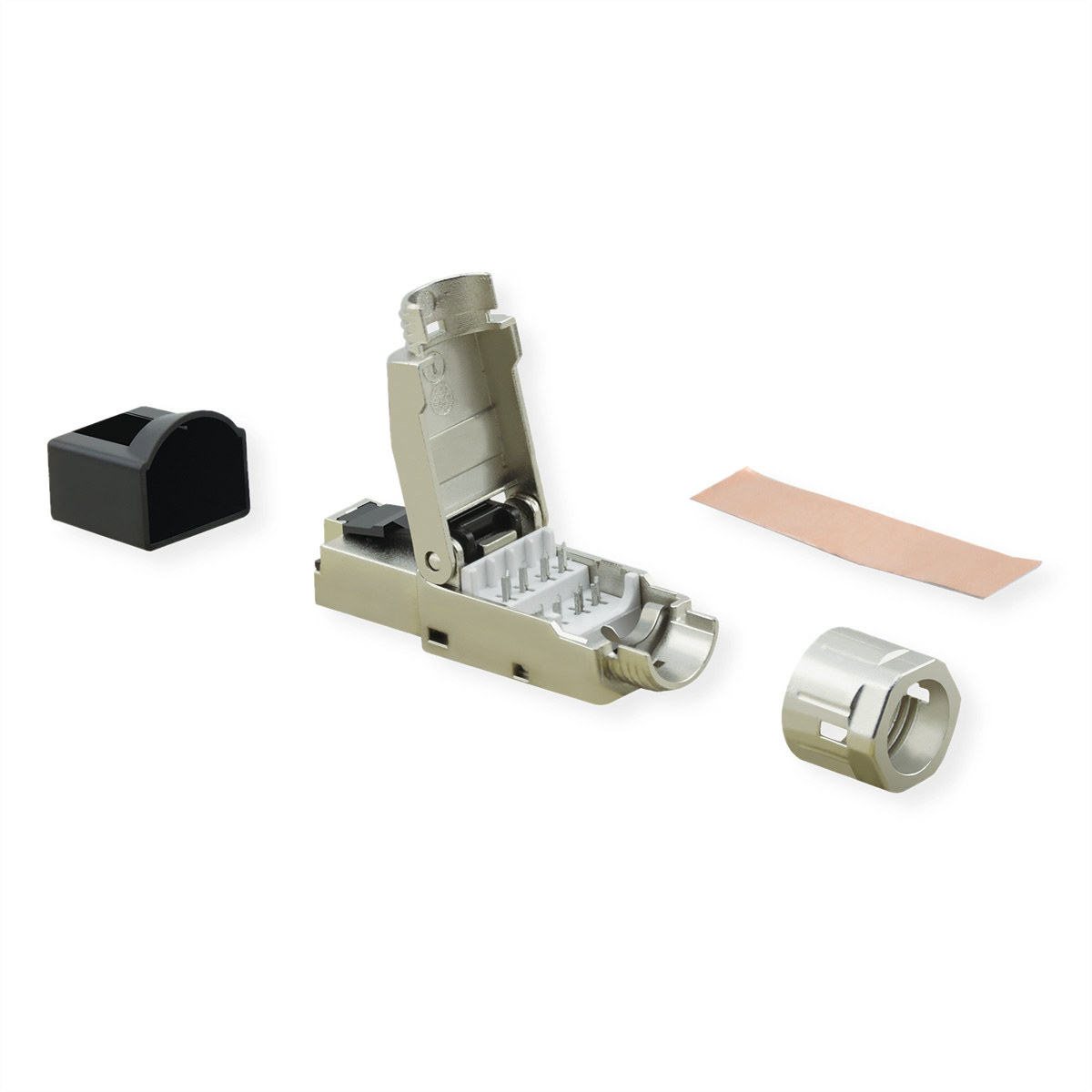 Gedemonteerde zilveren connector met diverse onderdelen, waaronder een zwarte dop en bruin papier.
