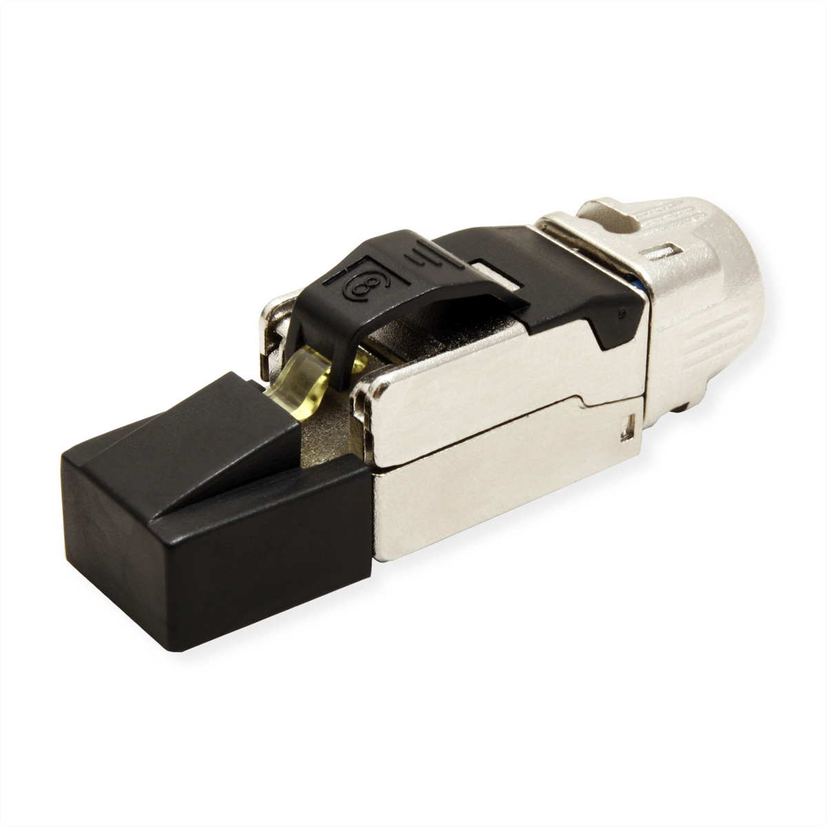 Un connettore RJ45 in metallo con una parte in plastica nera. È su sfondo bianco.