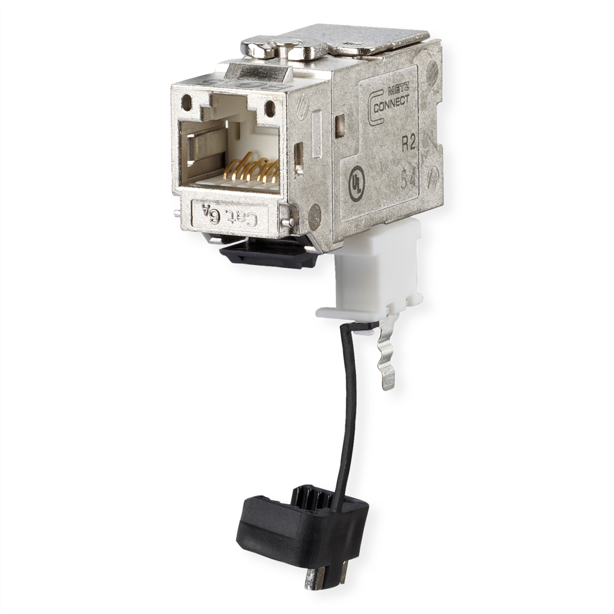 Connecteur RJ45 argenté. Base en plastique blanc avec câble noir et extrémité noire.