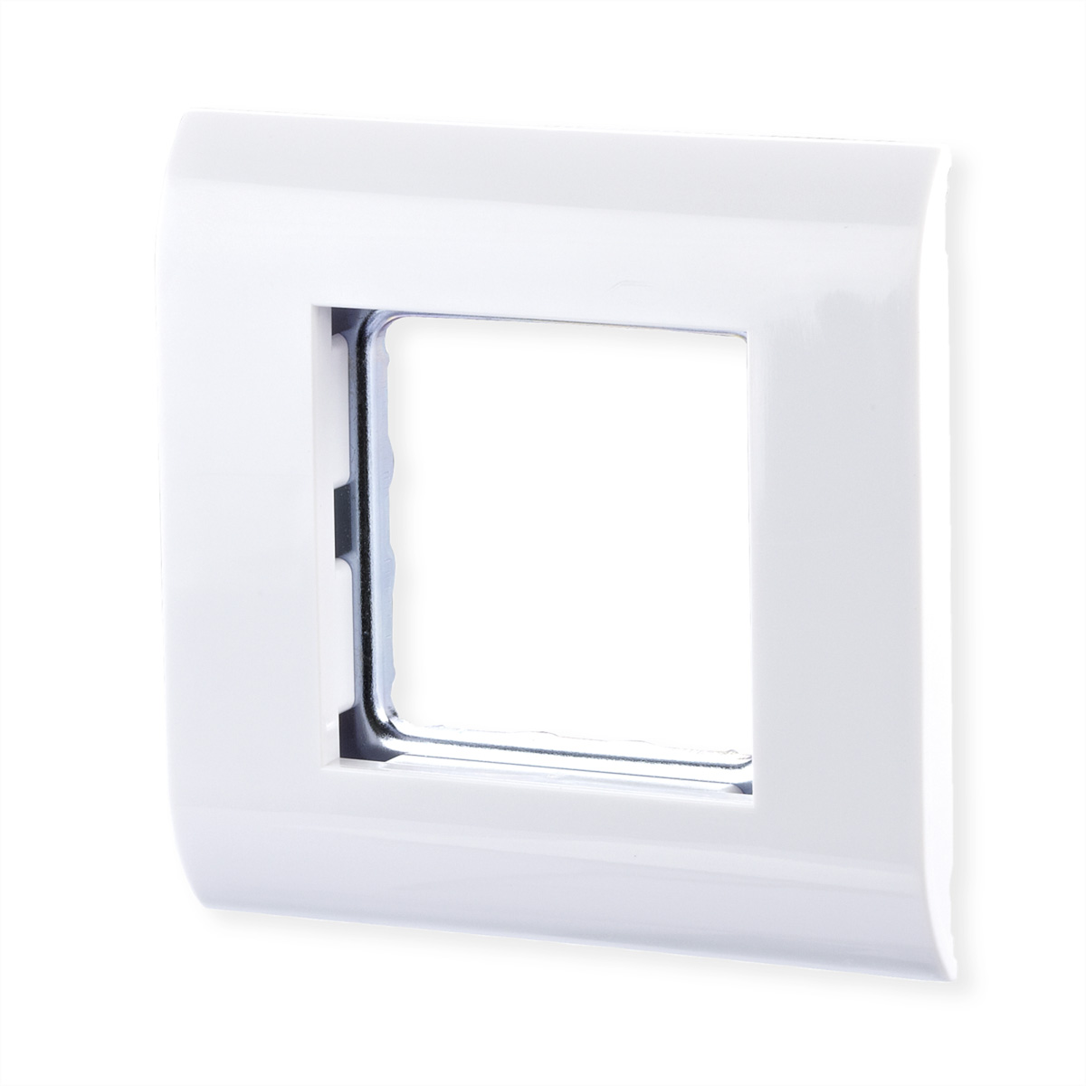 Une plaque frontale carrée blanche avec une découpe rectangulaire.