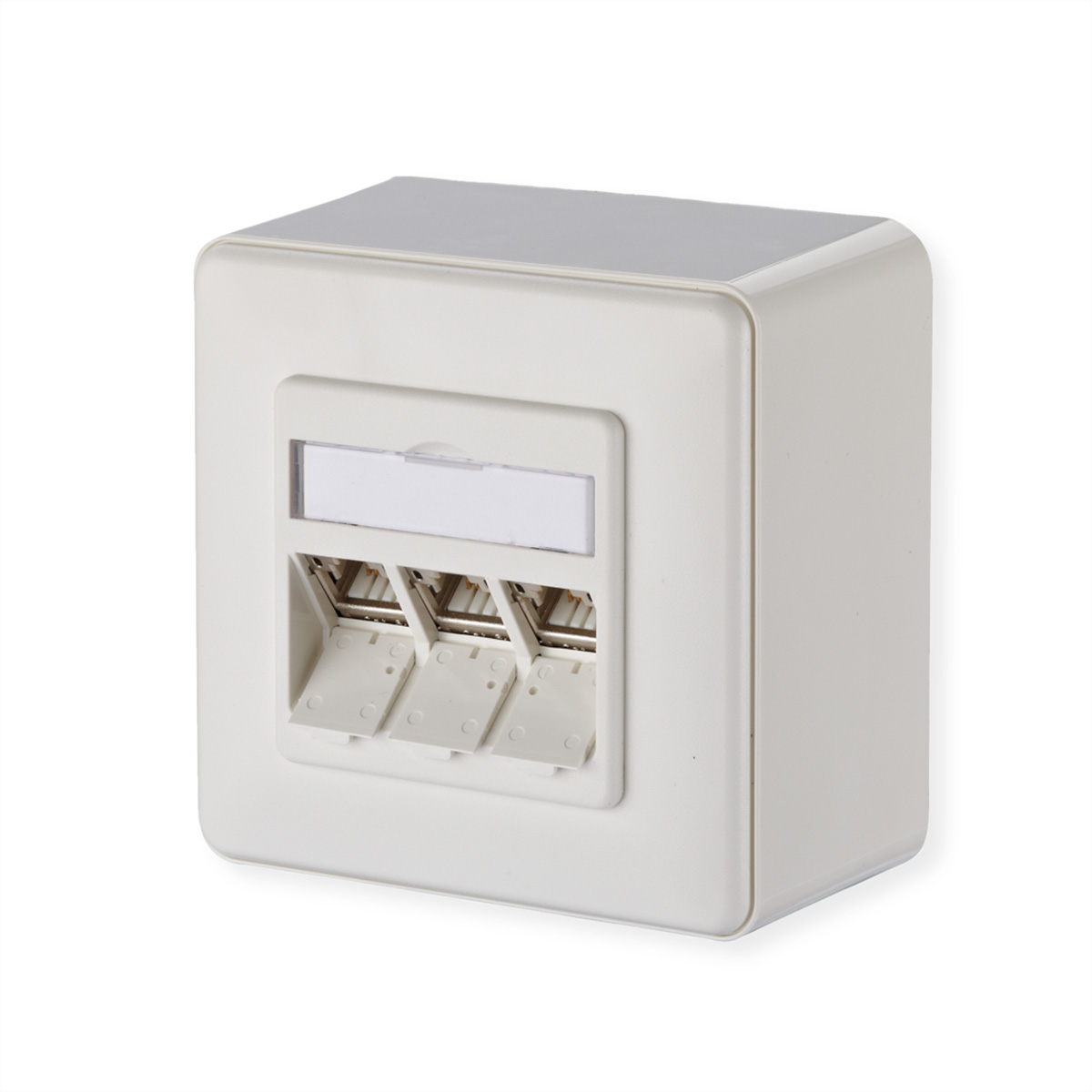 Witte wandgemonteerde netwerkaansluiting met drie RJ45-poorten en een afdekking. Hij is vierkant.