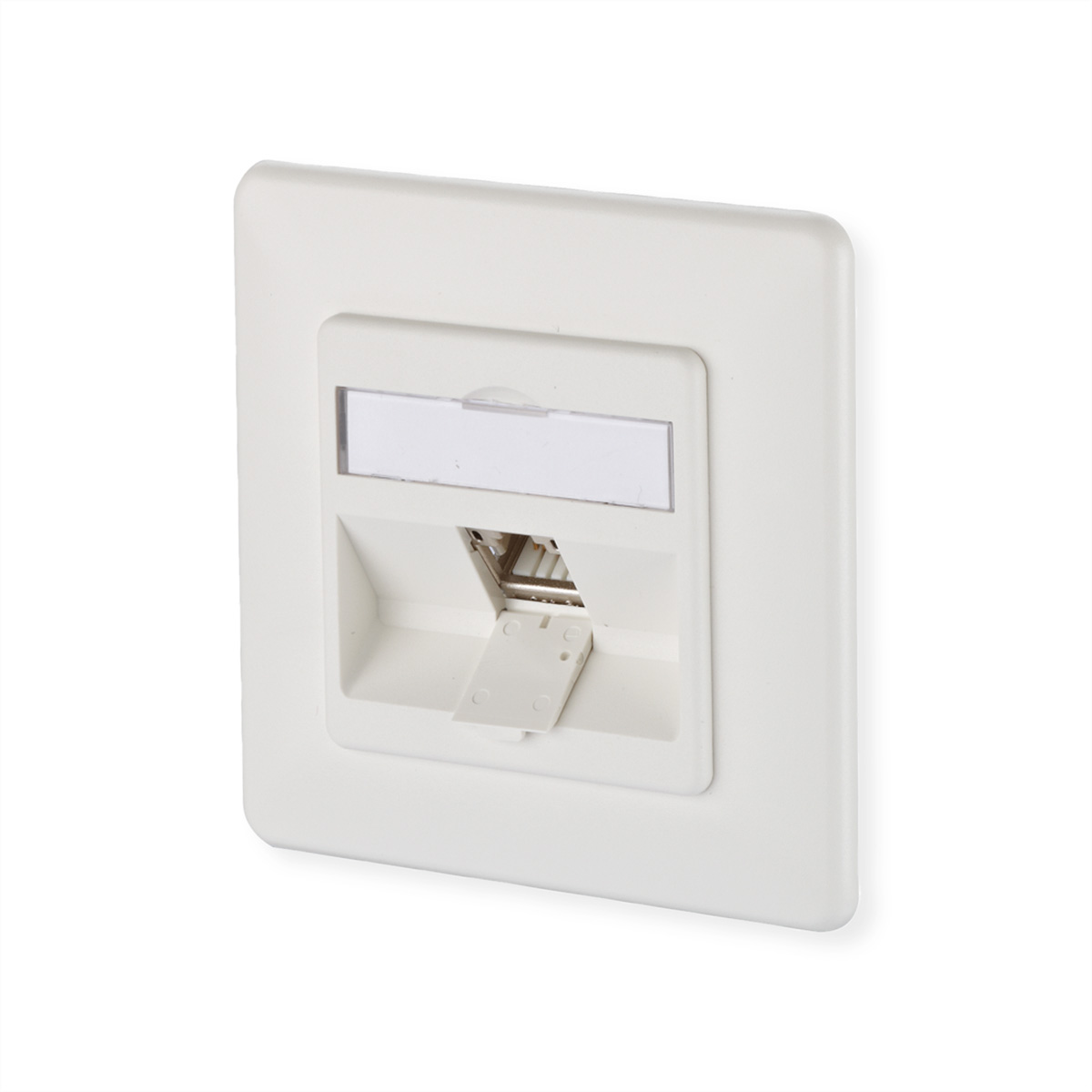 Une plaque murale blanche avec un connecteur RJ45 encastré et un petit couvercle transparent.