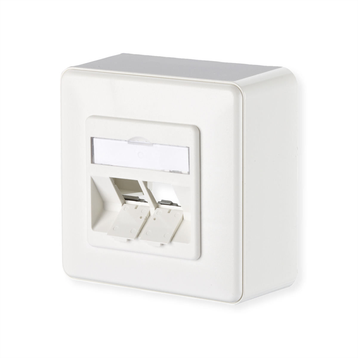 Witte stopcontact met twee poorten. Het is op een witte muur gemonteerd.