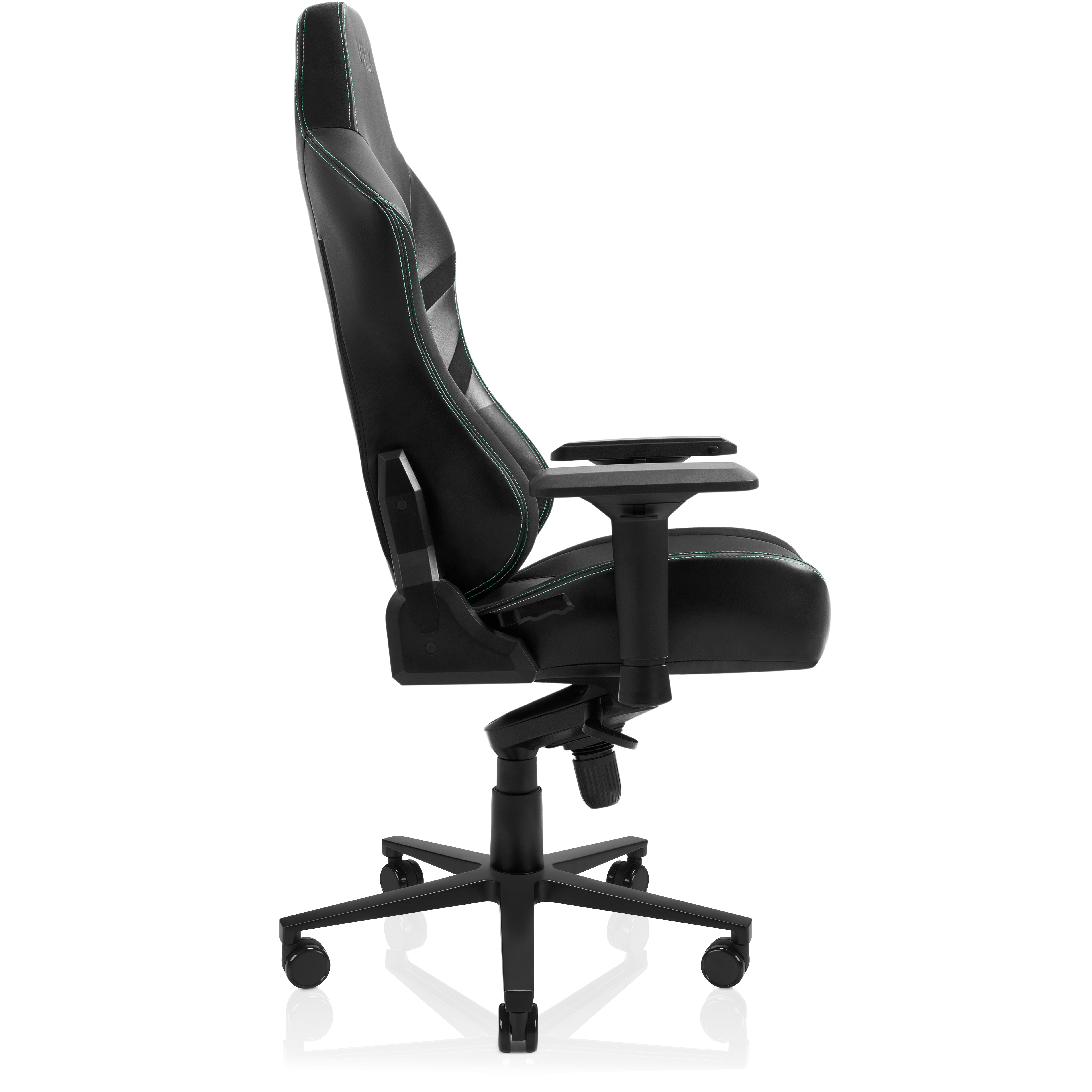 Silla gamer negra con costuras verdes, vista lateral.