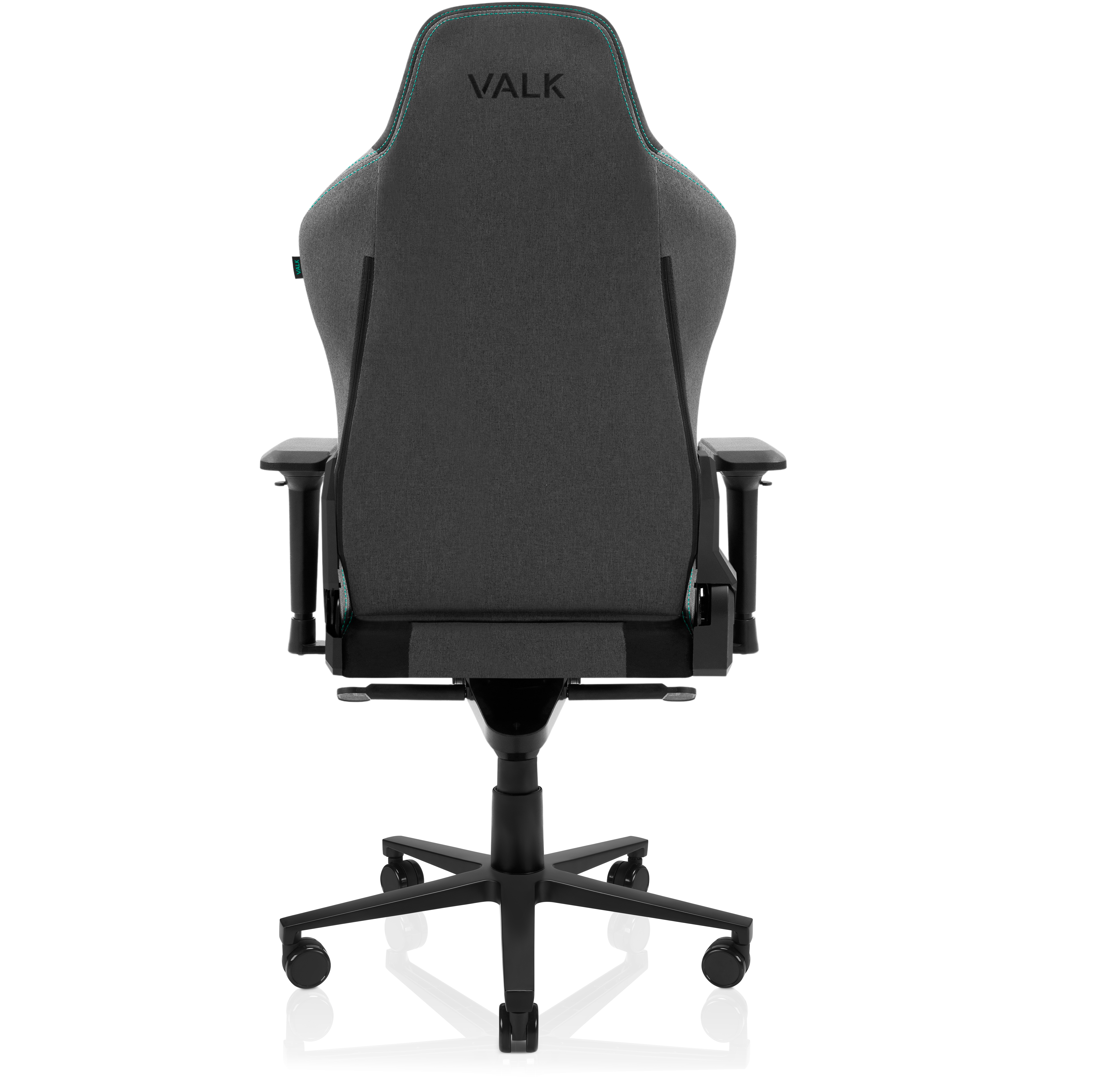 Vista trasera de una silla gaming negra y gris con un acento turquesa y la palabra 'VALK'.