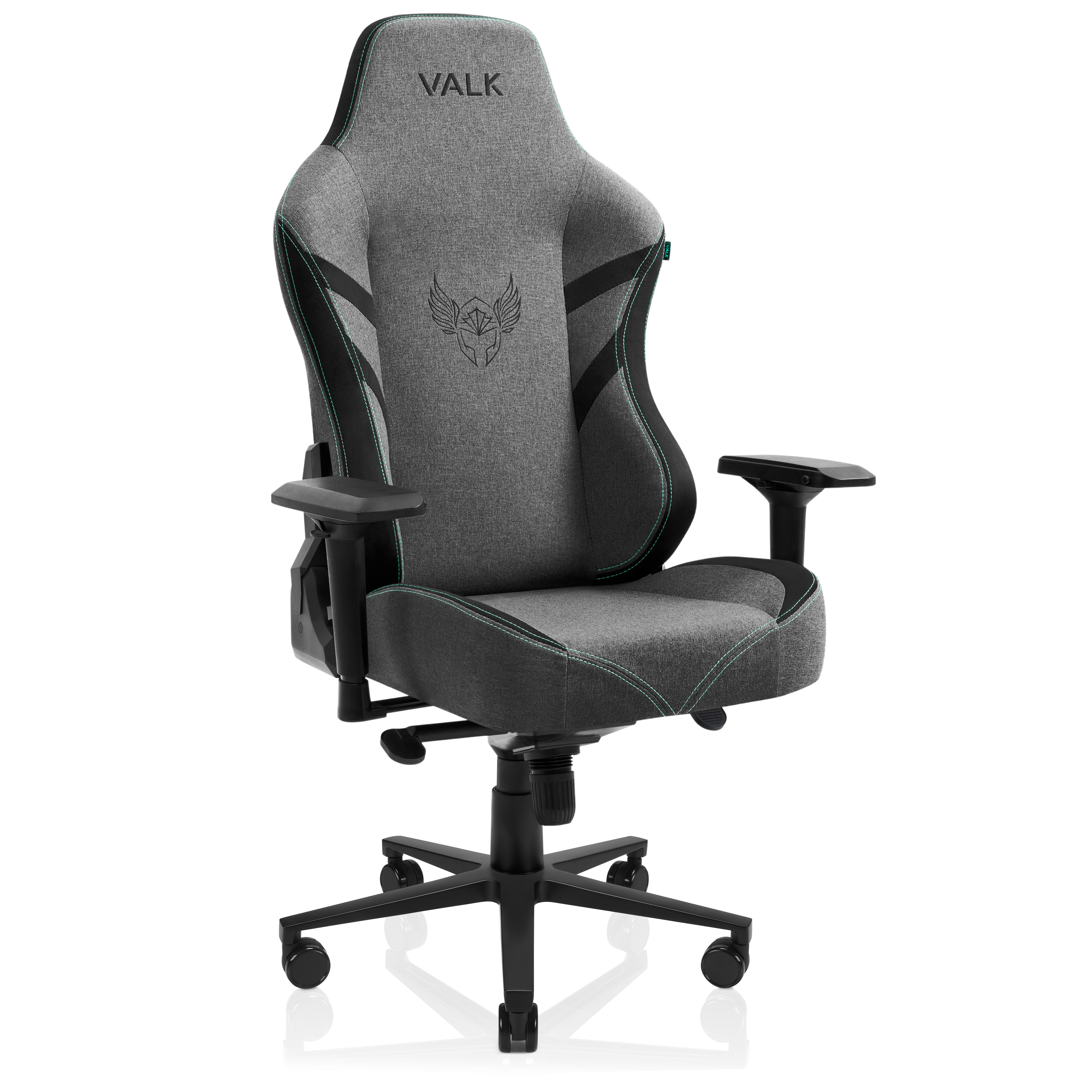 Una silla gaming VALK gris y negra con costuras verdes y reposabrazos, sobre un fondo blanco.