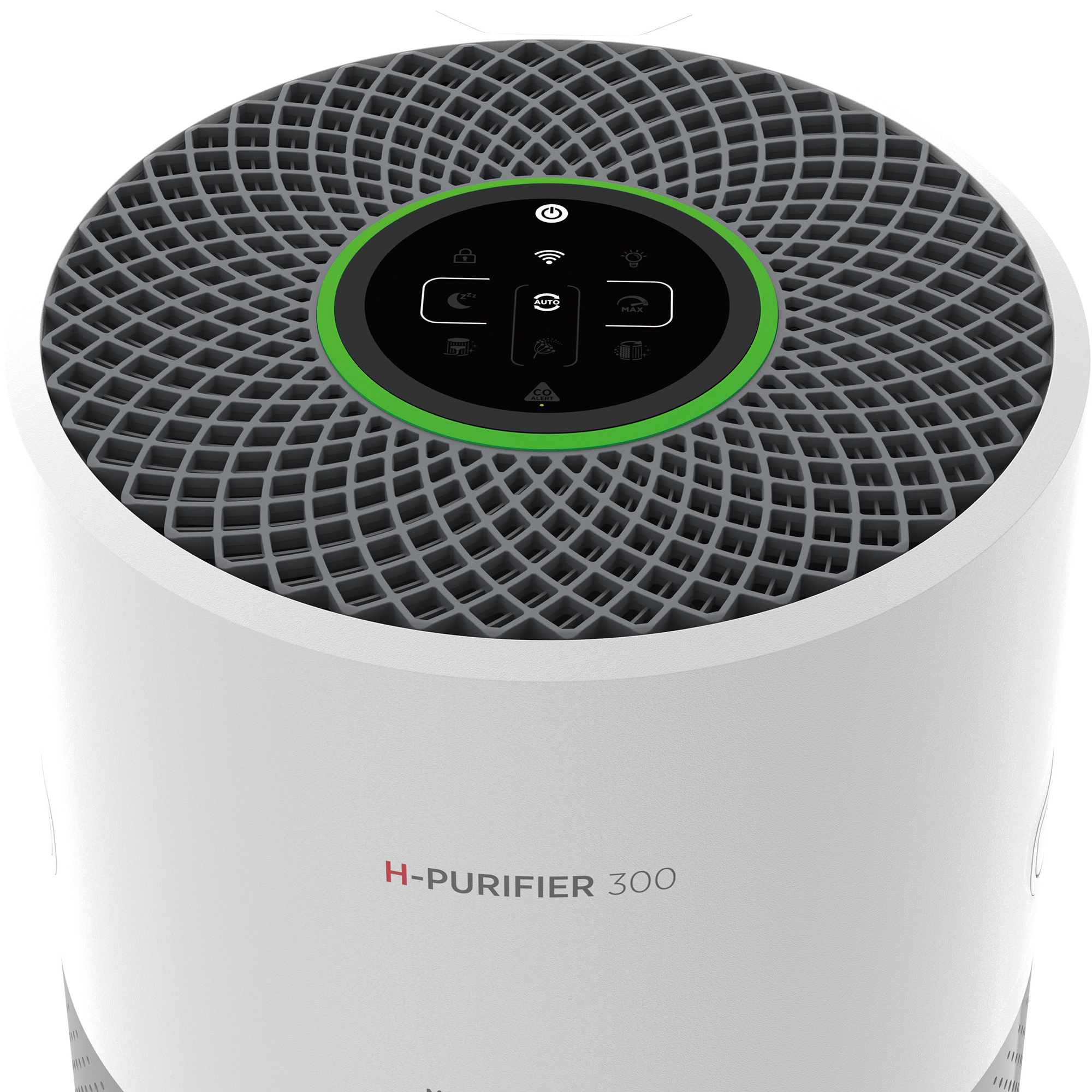 Ein weißer Luftreiniger mit grauem oberen Gitter und einem grünen Ring um das Bedienfeld. Die Marke ist H-PURIFIER 300.