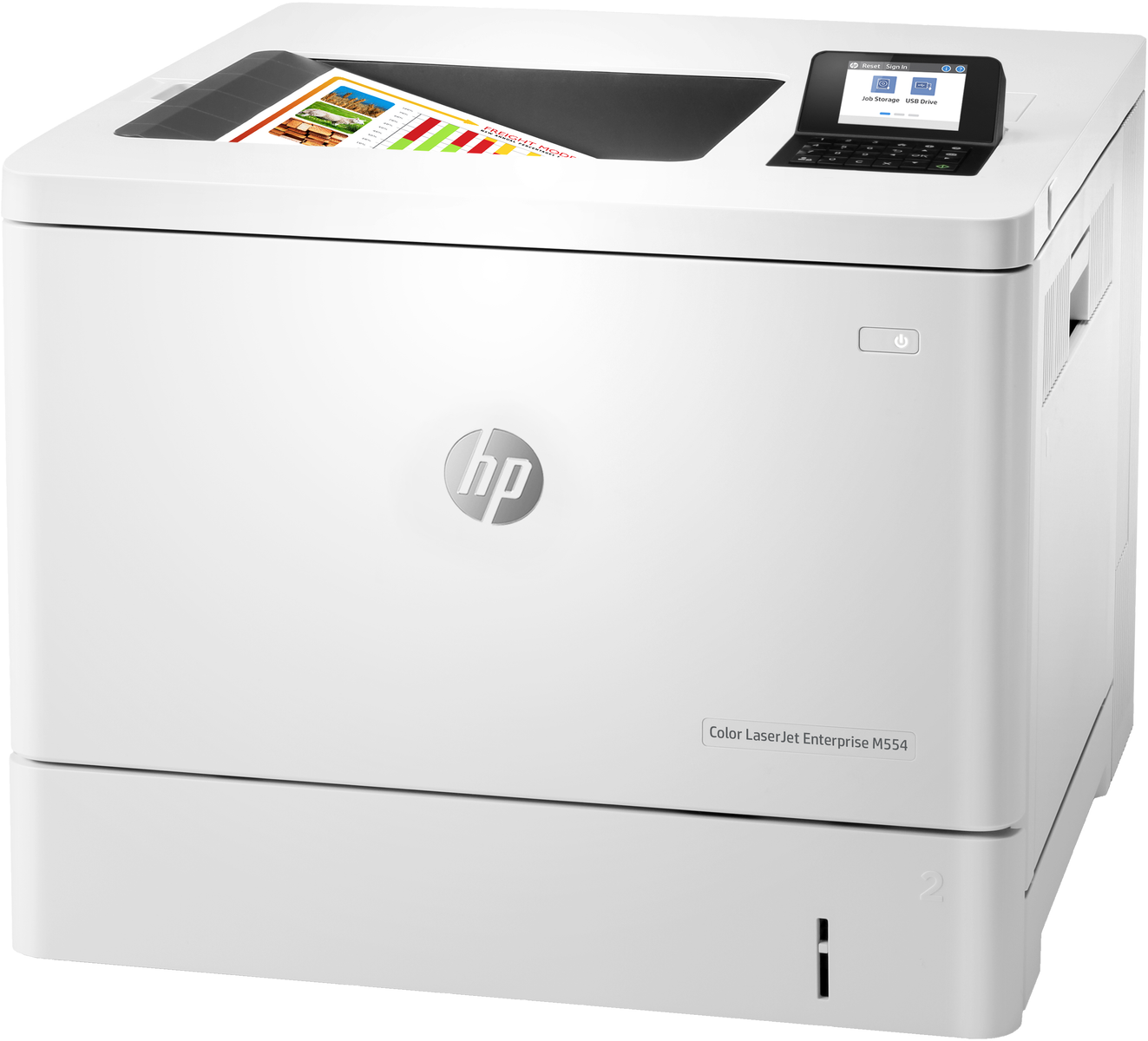 Imprimante HP blanche avec écran et panneau de commande. Elle affiche un document imprimé et une interface utilisateur en haut.