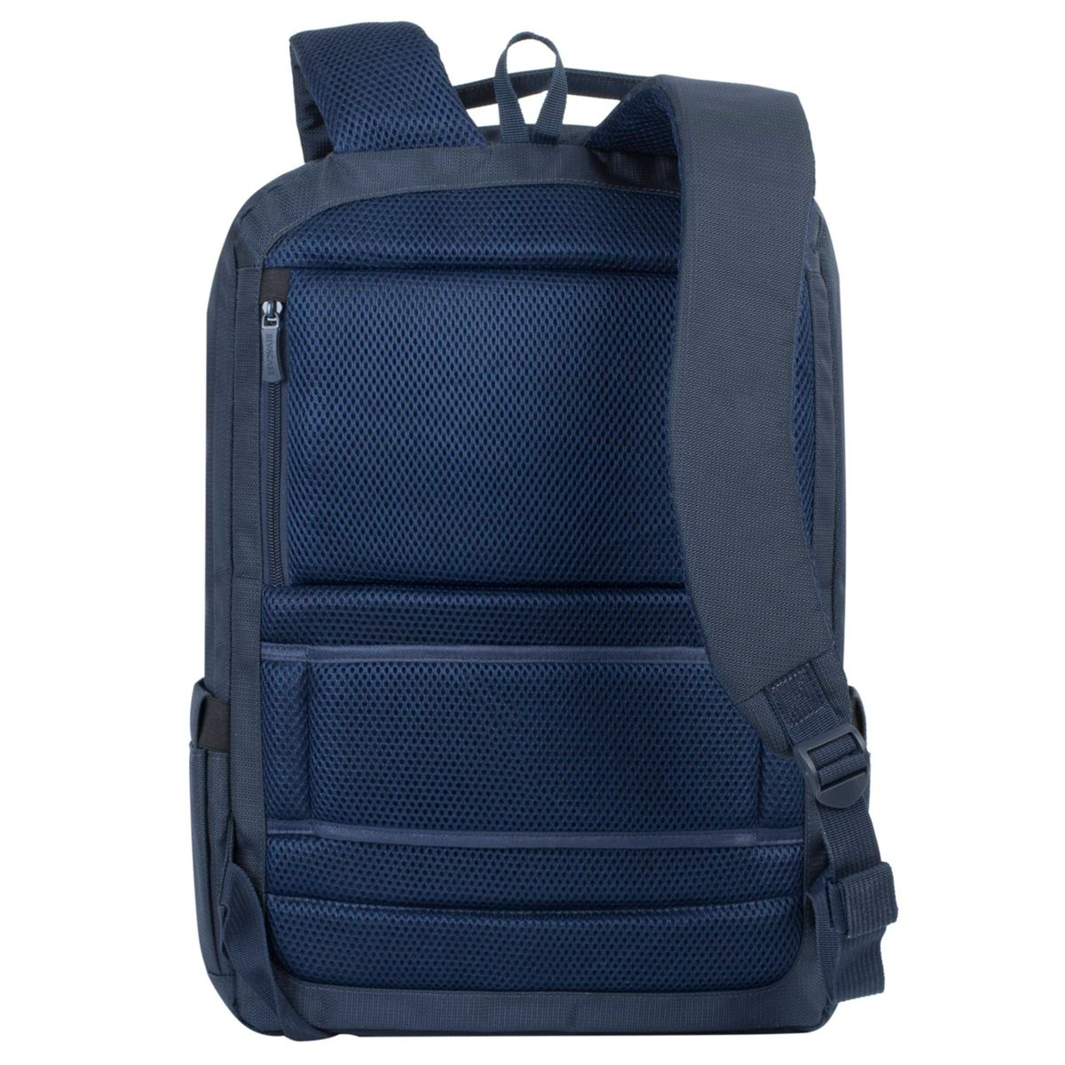 Zaino blu navy con pannello posteriore traspirante.