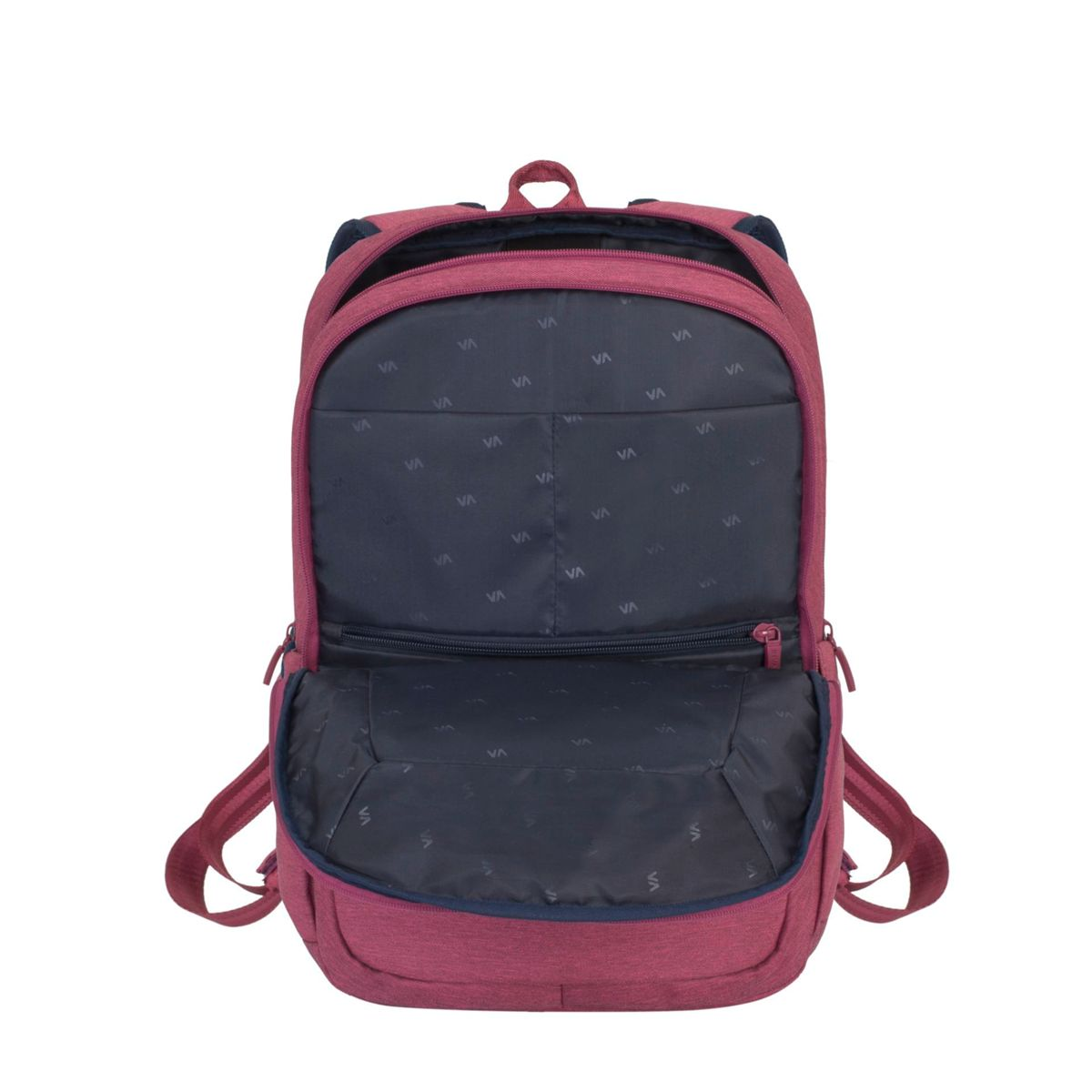 Ein roter Rucksack mit geöffneten Fächern, die ein dunkles Inneres zeigen, mit Reißverschluss und Trägern.