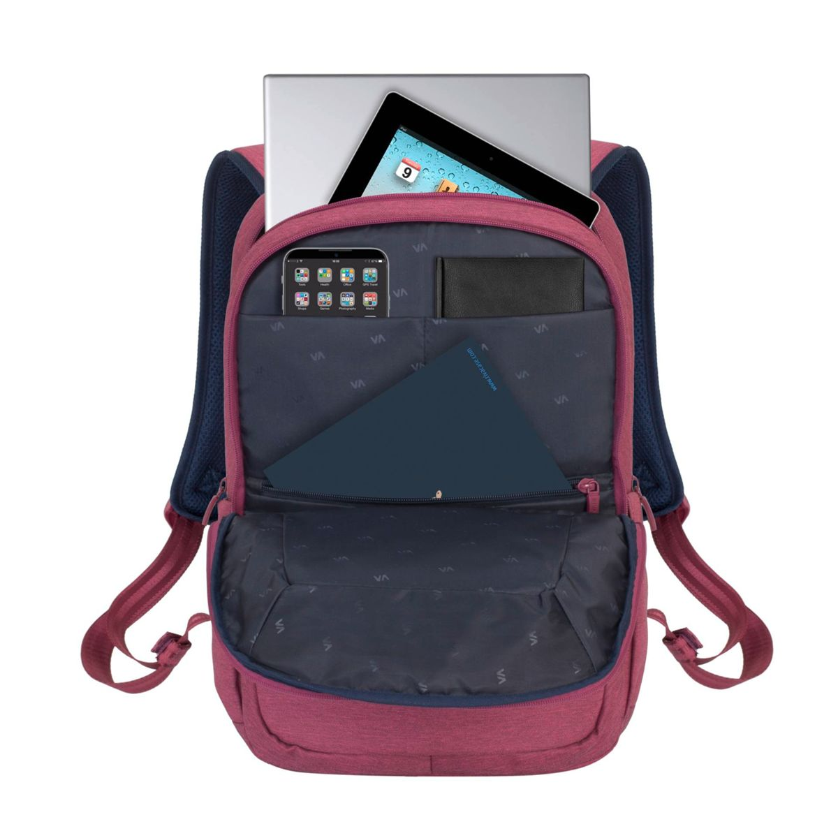 Ein roter Rucksack geöffnet, der einen Laptop, ein Tablet, ein Telefon, eine Brieftasche und ein Notizbuch zeigt.