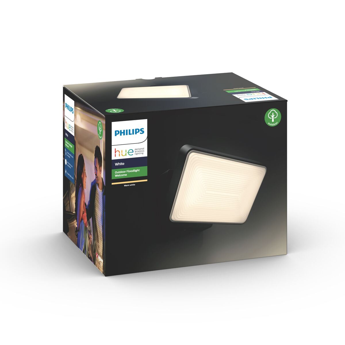 Boîte noire de projecteur extérieur Philips Hue. Le nom et l'image du produit sont affichés. La lumière est inclinée.