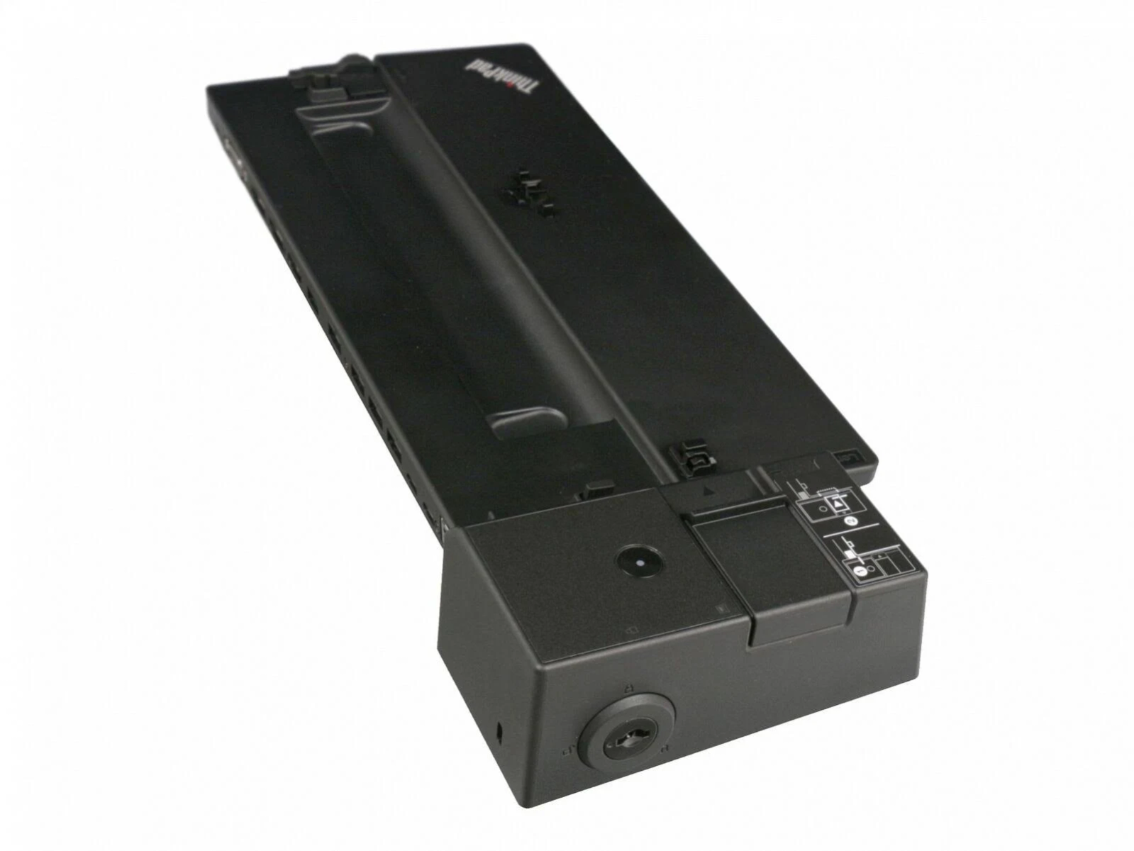 Schwarze ThinkPad-Dockingstation, schräge Ansicht, mit verschiedenen Anschlüssen und Verbindungspunkten.