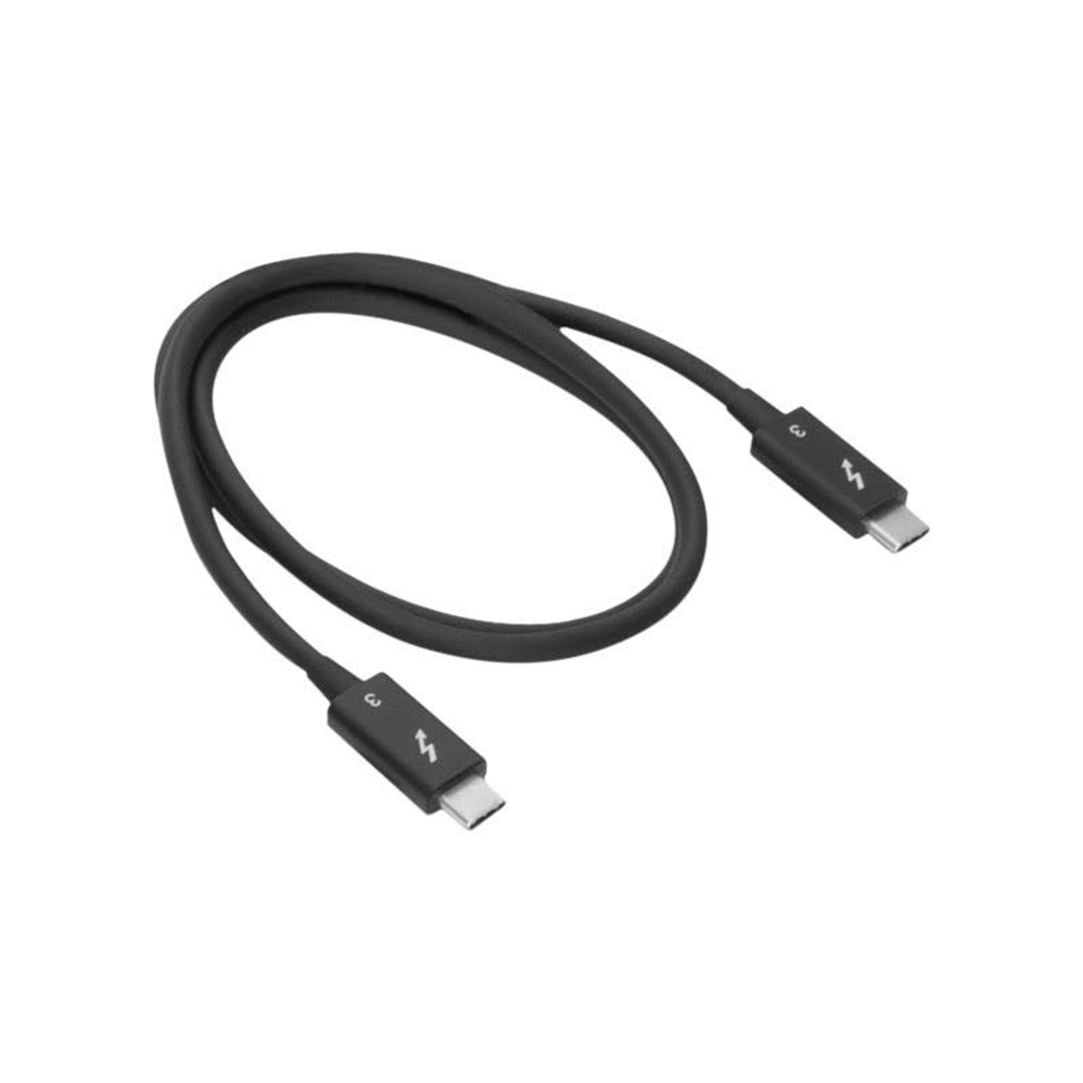Schwarzes USB-C-Kabel mit zwei Steckern. Auf weißem Hintergrund.