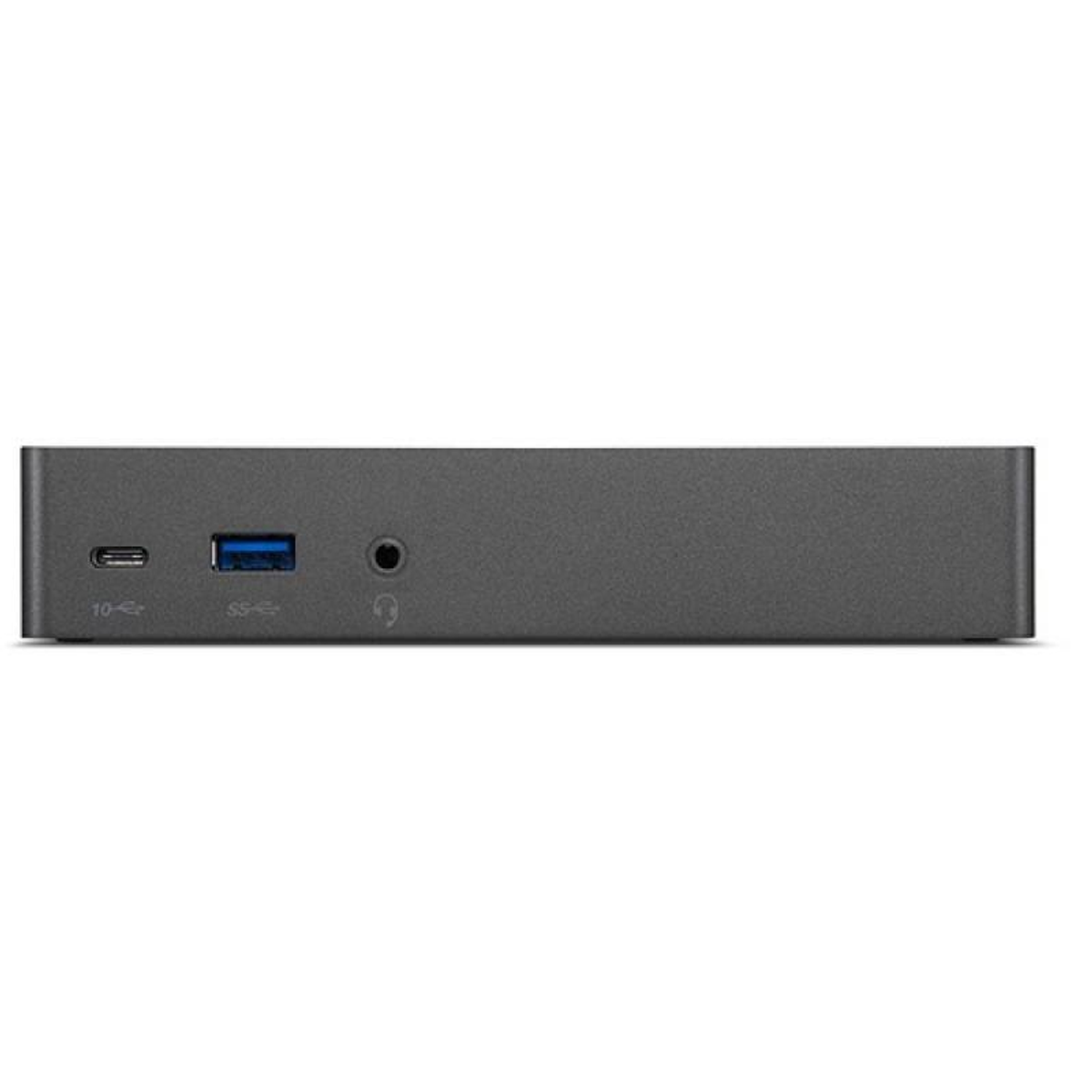 Eine dunkelgraue Dockingstation mit Anschlüssen: USB-C, USB, Audioanschluss.