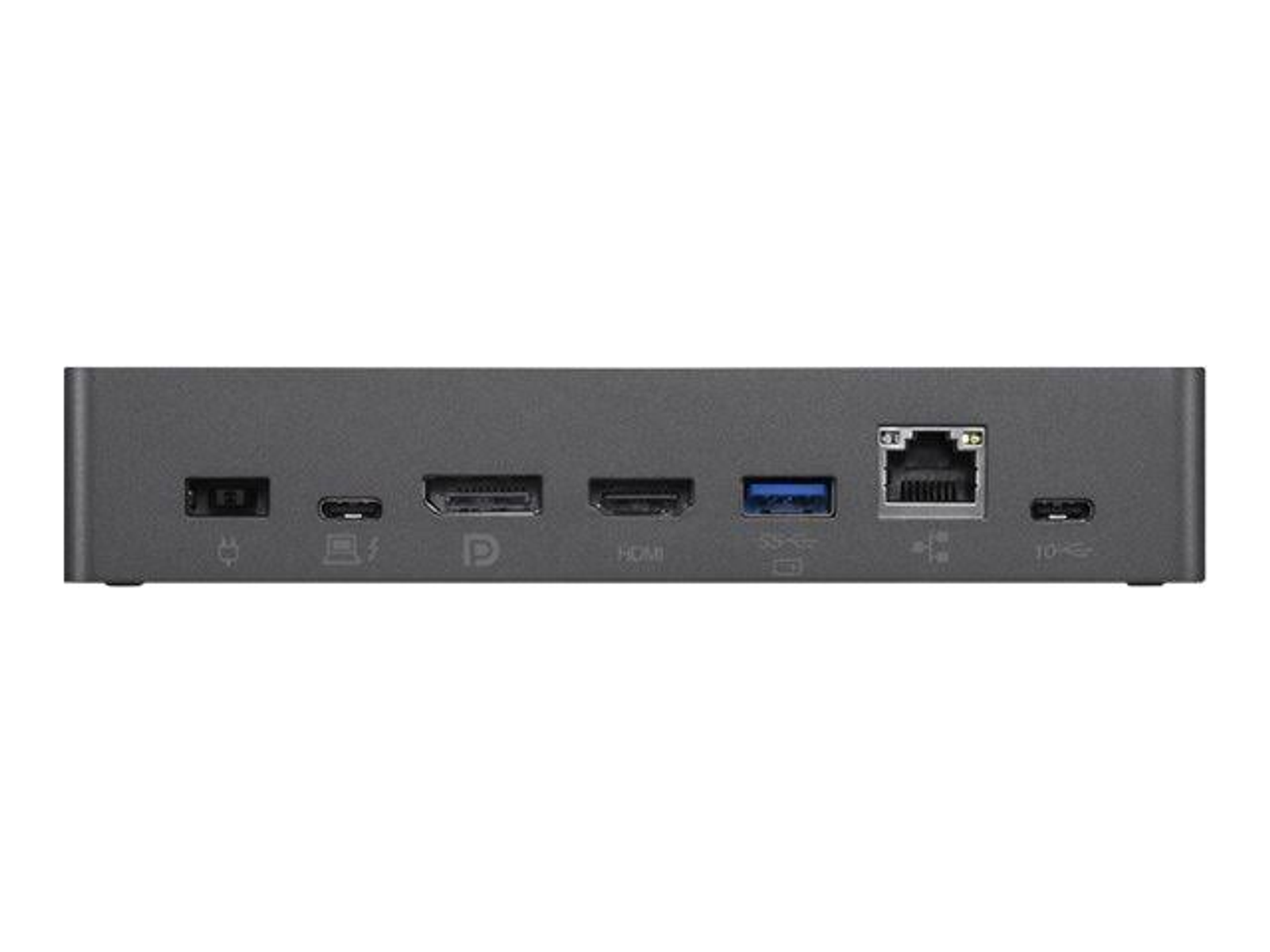 Eine schwarze Dockingstation mit mehreren Anschlüssen, darunter USB, HDMI und Ethernet, auf weißer Oberfläche.