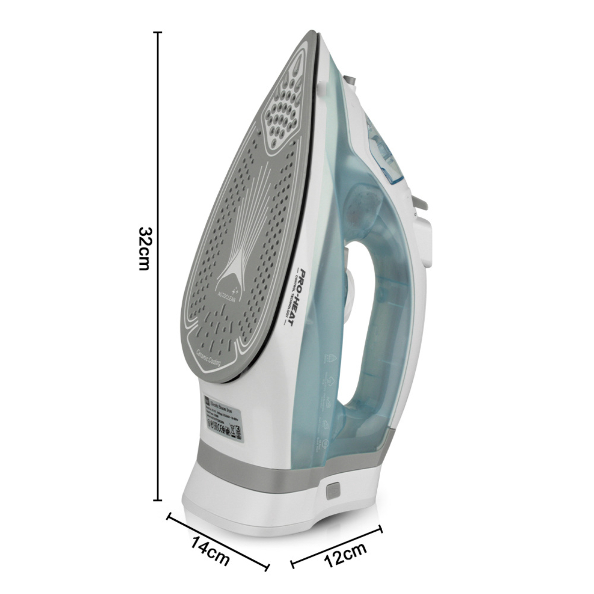 Weißes und blaues Bügeleisen, Maße: 32cm hoch, 14cm breit, 12cm tief.
