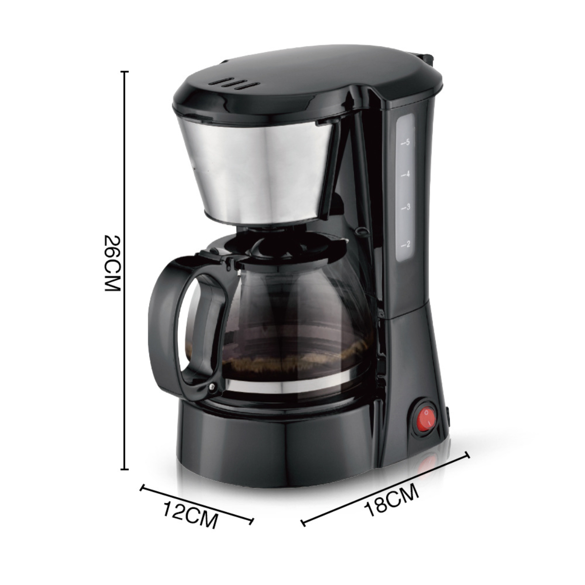 Cafetera negra con dimensiones etiquetadas: 26 cm alto, 18 cm ancho y 12 cm profundo.