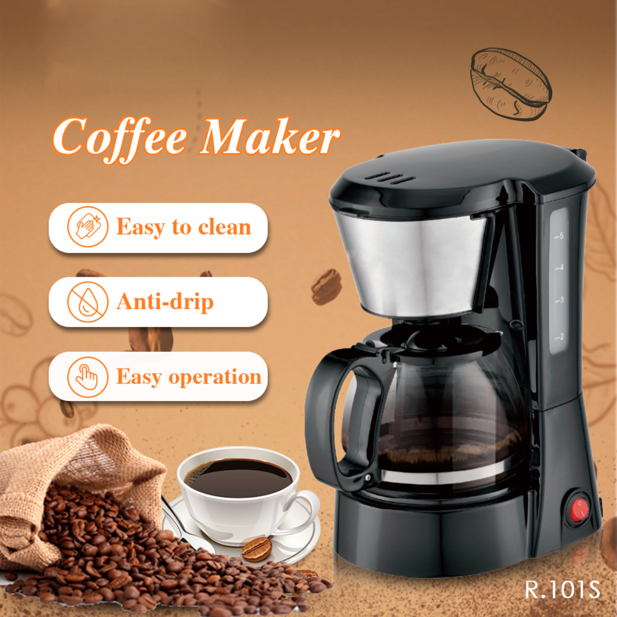 Cafetera negra con jarra de vidrio, granos de café y taza de café sobre superficie blanca.