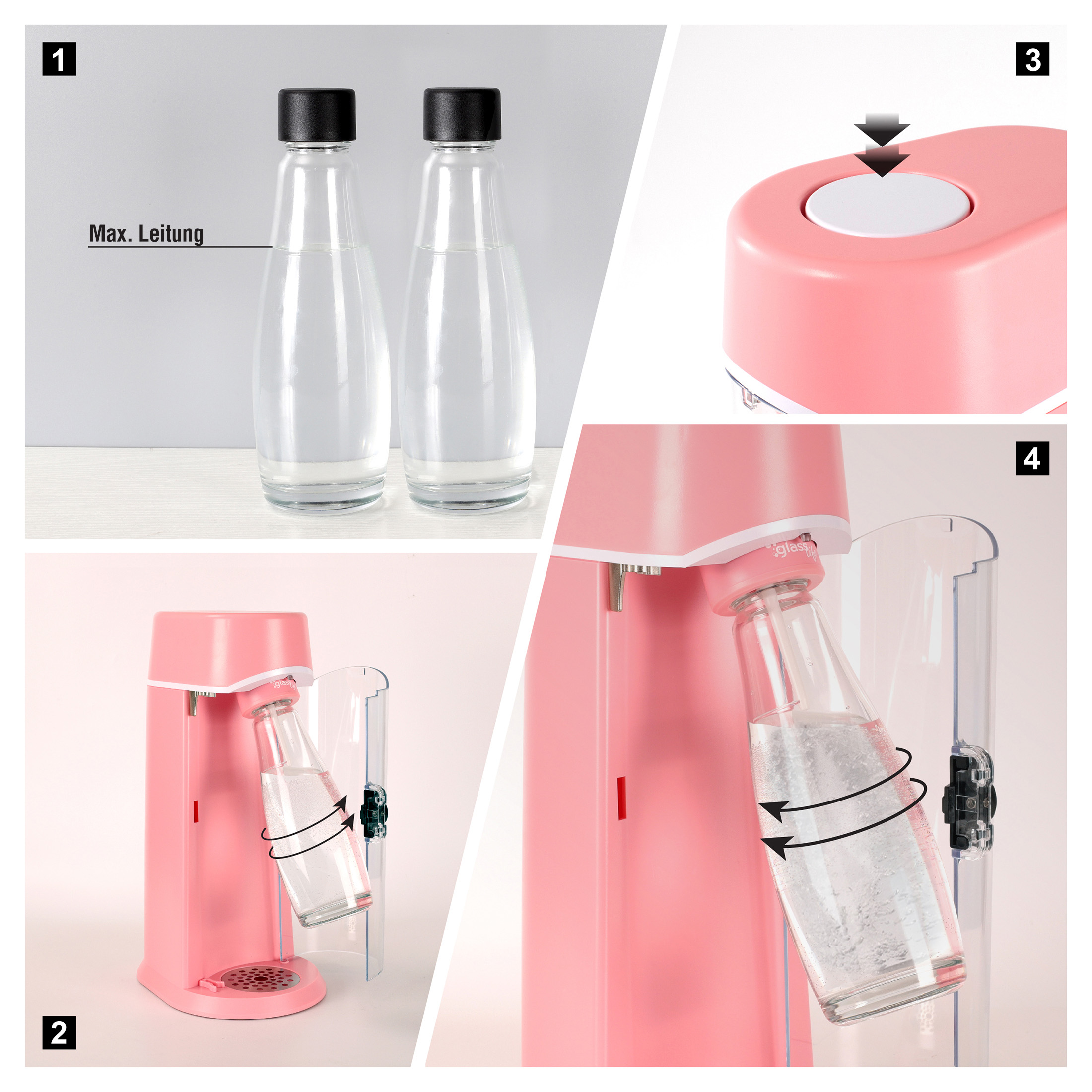 Wassersprudler ZOOMYO geeignet mit Wassersprudler CO2-Flaschen große im für Karaffe-Design, eleganten rosa Glasflasche