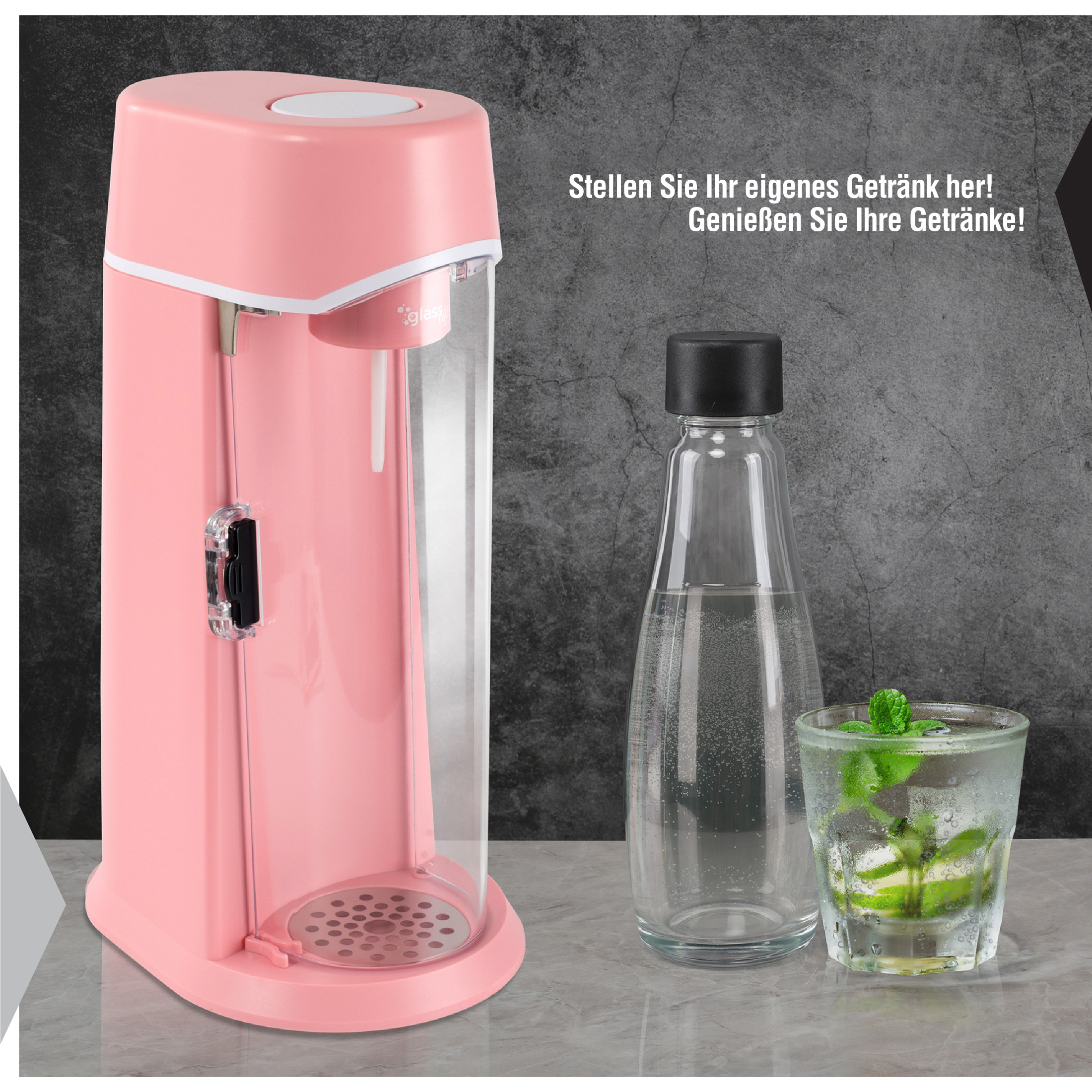 Wassersprudler und Wassersprudler Kistenschleppen Karaffendesign, im Rosa ZOOMYO Plastikmüll Farben,spart mit edlen Glasflasche