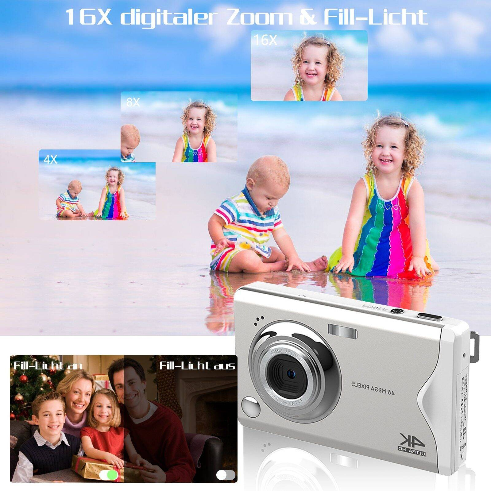 Kamera mit Zoomstufen und spielenden Kindern am Strand. Inklusive Foto im dunklen Raum.