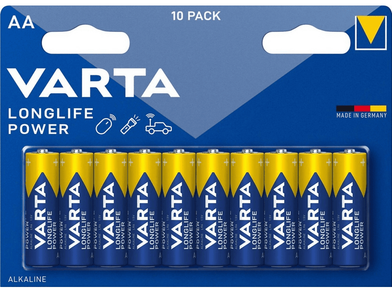 Pacco Da 40 Batterie Varta Longlife Power AA – Alcaline 1.5V, Made In Germany, Durano Fino Al 2034