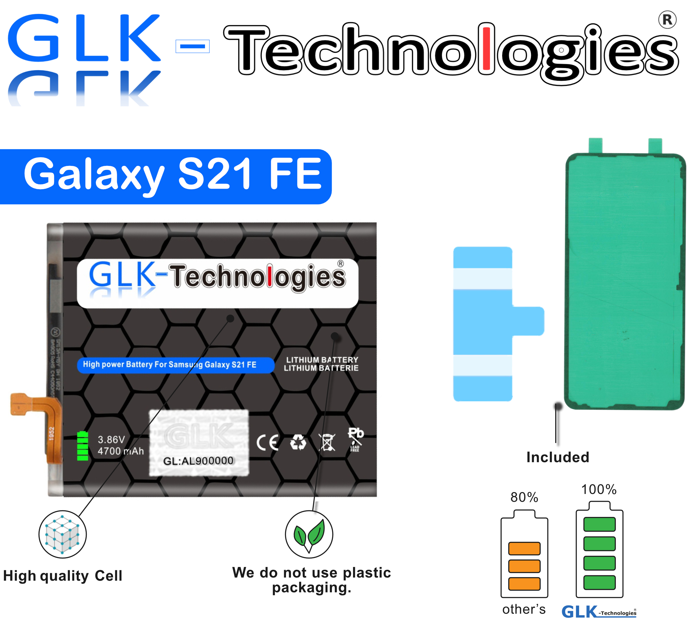 S21 4700mAh SM-G990 Smartphone inkl. 4700mAh GLK-TECHNOLOGIES Lithium-Ionen-Akku 2x Klebebandsätze FE Akku, 5G Samsung Galaxy EB-BG990ABY