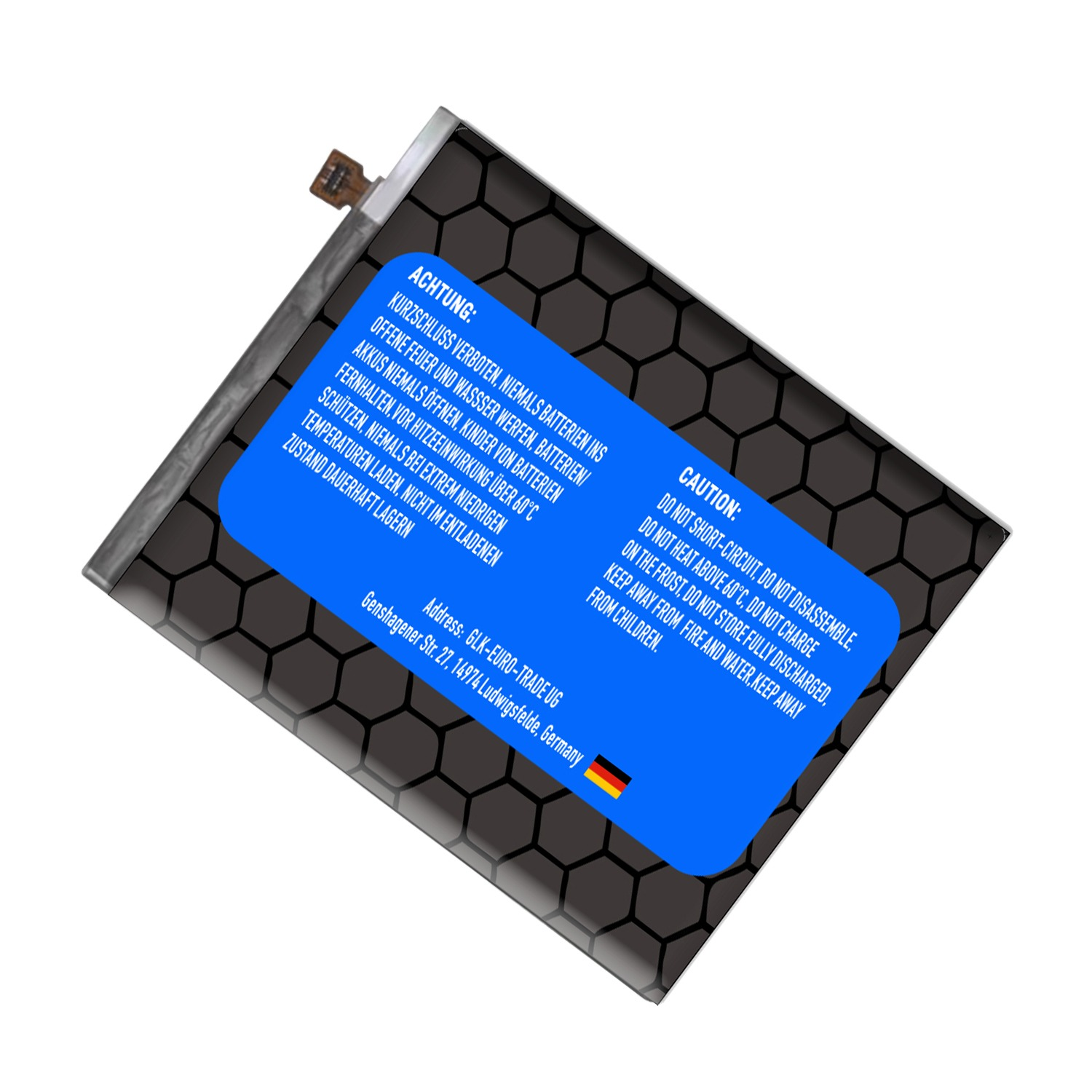 Eine schwarze Batterie mit Warn- und Vorsichtsetiketten auf einer schwarzen strukturierten Oberfläche.