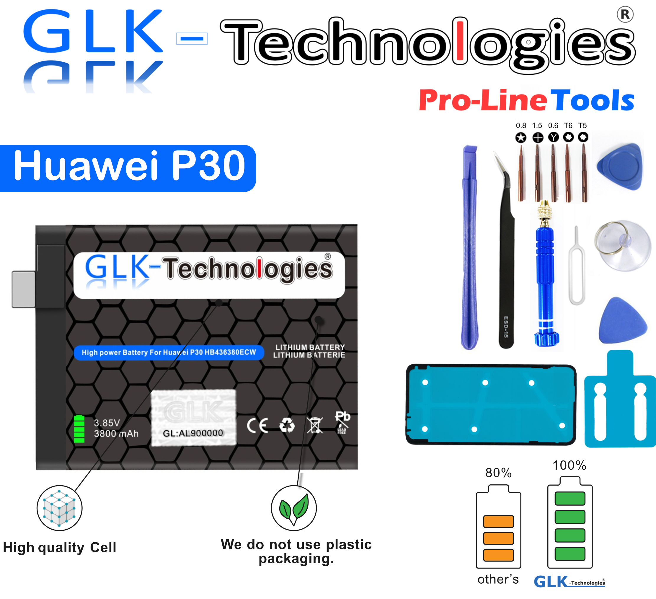 Akku für Huawei P30 mit Werkzeugen und Text: High quality Cell.