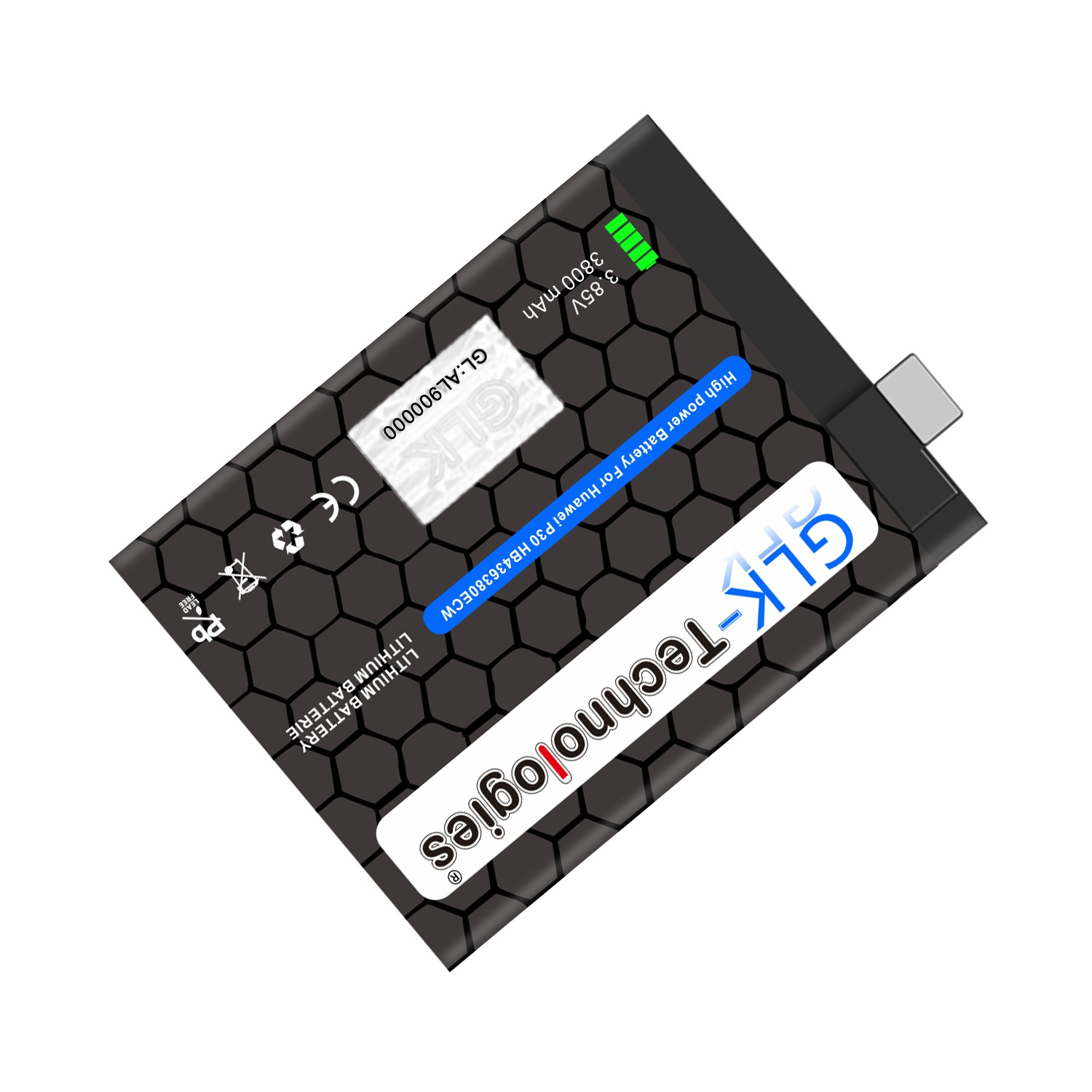 Schwarzer Telefonakku mit Etiketten, einem USB-Anschluss und dem Text 'GLK-Technologies'. Weißer Hintergrund.