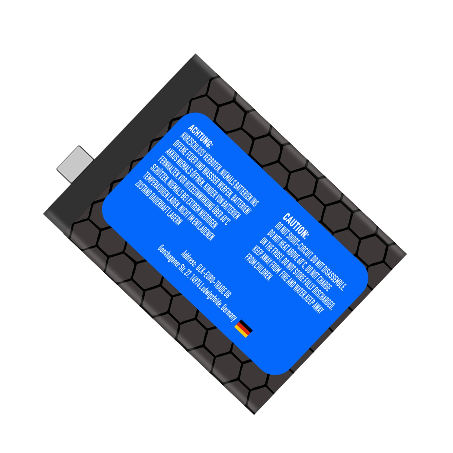 Ein schwarzes Batteriepack mit Warnhinweisen und einem Anschluss, vor schwarzem Hintergrund.