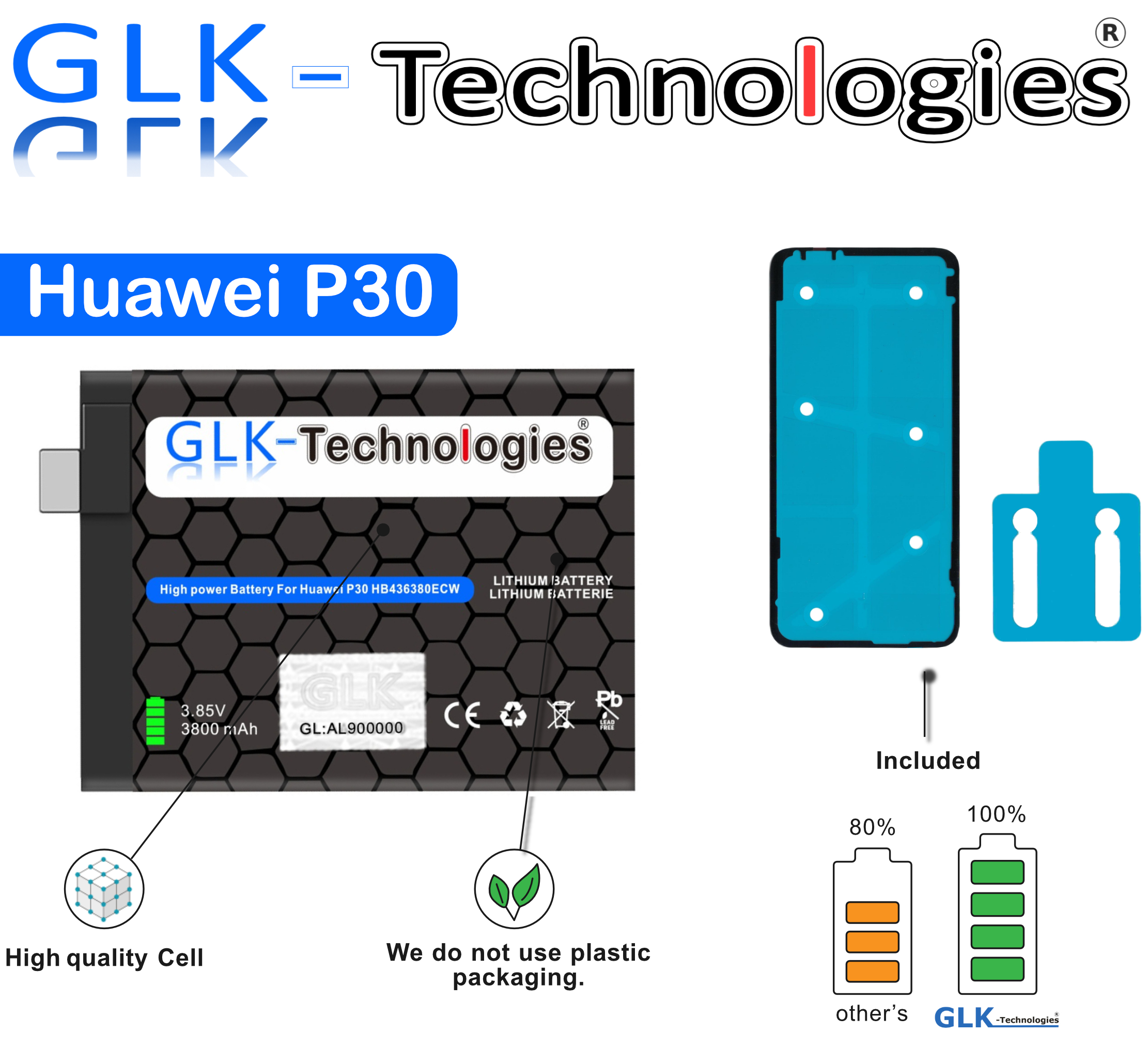 Bild eines Huawei P30-Akkus, mit einer blauen Rückabdeckung und Details zu den Batteriespezifikationen.