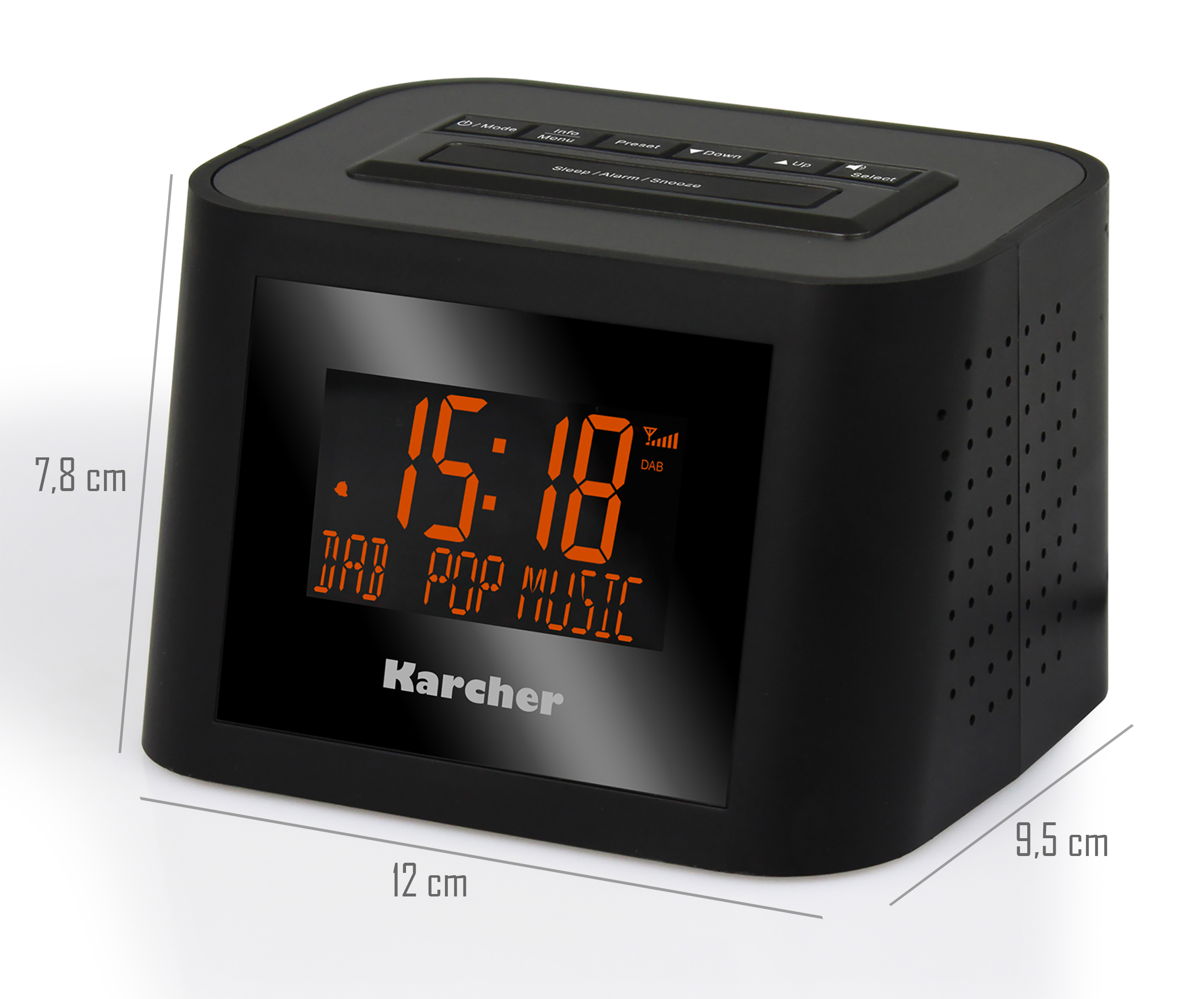 Ein schwarzes Digital-Radiowecker, das Zeit und DAB-Popmusik anzeigt, mit Abmessungen.