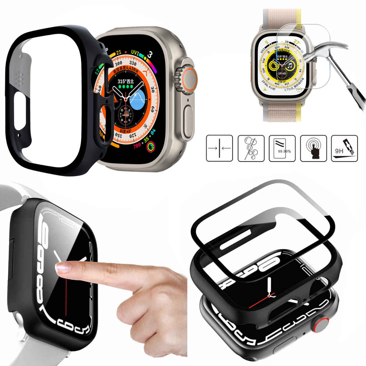 2 1 WIGENTO Glas Watch Apple in Hülle 360 + Ultra Smartwatchhülle(für Hart + 2 Folie H9 49mm) 1 Panzer Grad