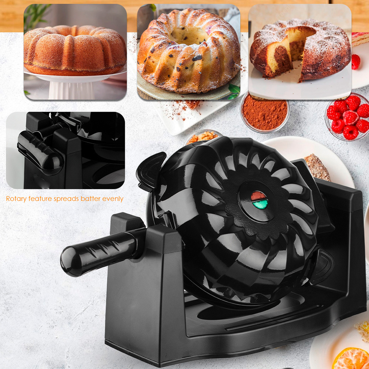 Ein schwarzer Gugelhupf-Maker mit drei Kuchen obenauf.