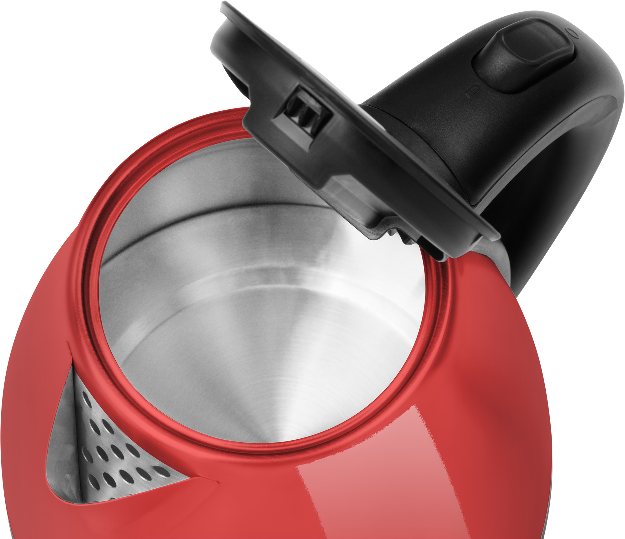 Ein roter Wasserkocher mit offenem Deckel, der einen Edelstahl-Innenraum freigibt.
