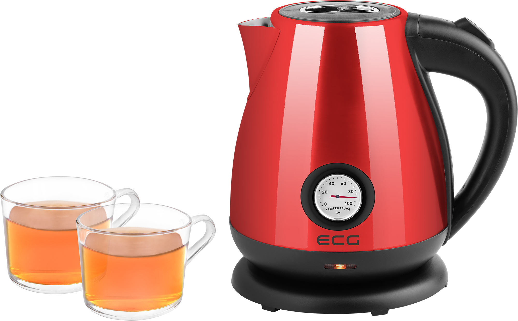 Roter Wasserkocher mit schwarzem Sockel und Griff, mit Temperaturanzeige und zwei Gläsern mit Tee.